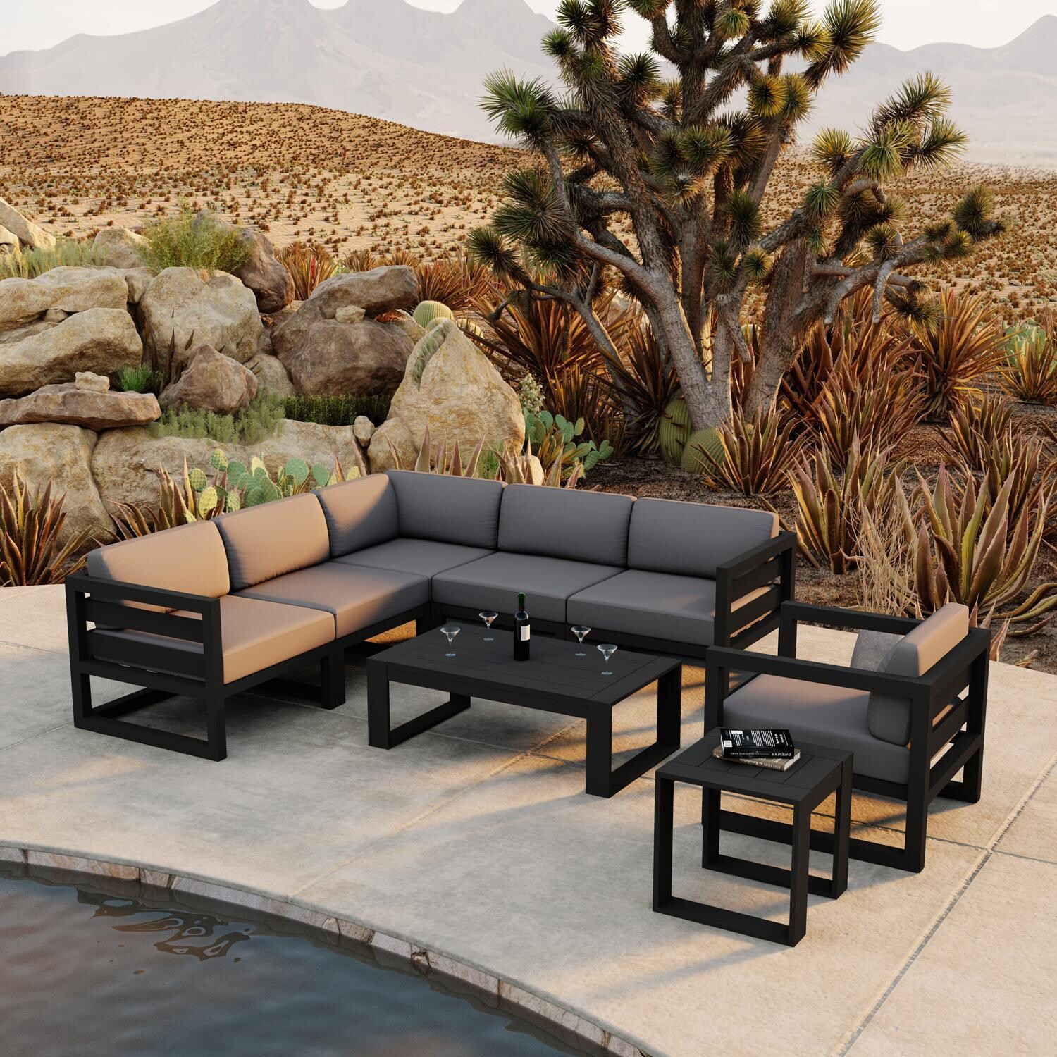 Lakeview MSTYCV-BK-8SEC-CC Misty Cove 8 Pc Aluminum Sectional Set in Black w/Coffee Table & Canvas Charcoal Cushions by Lakeview Outdoor Designs - Set by the Pool - Lifestyle thumbnail
