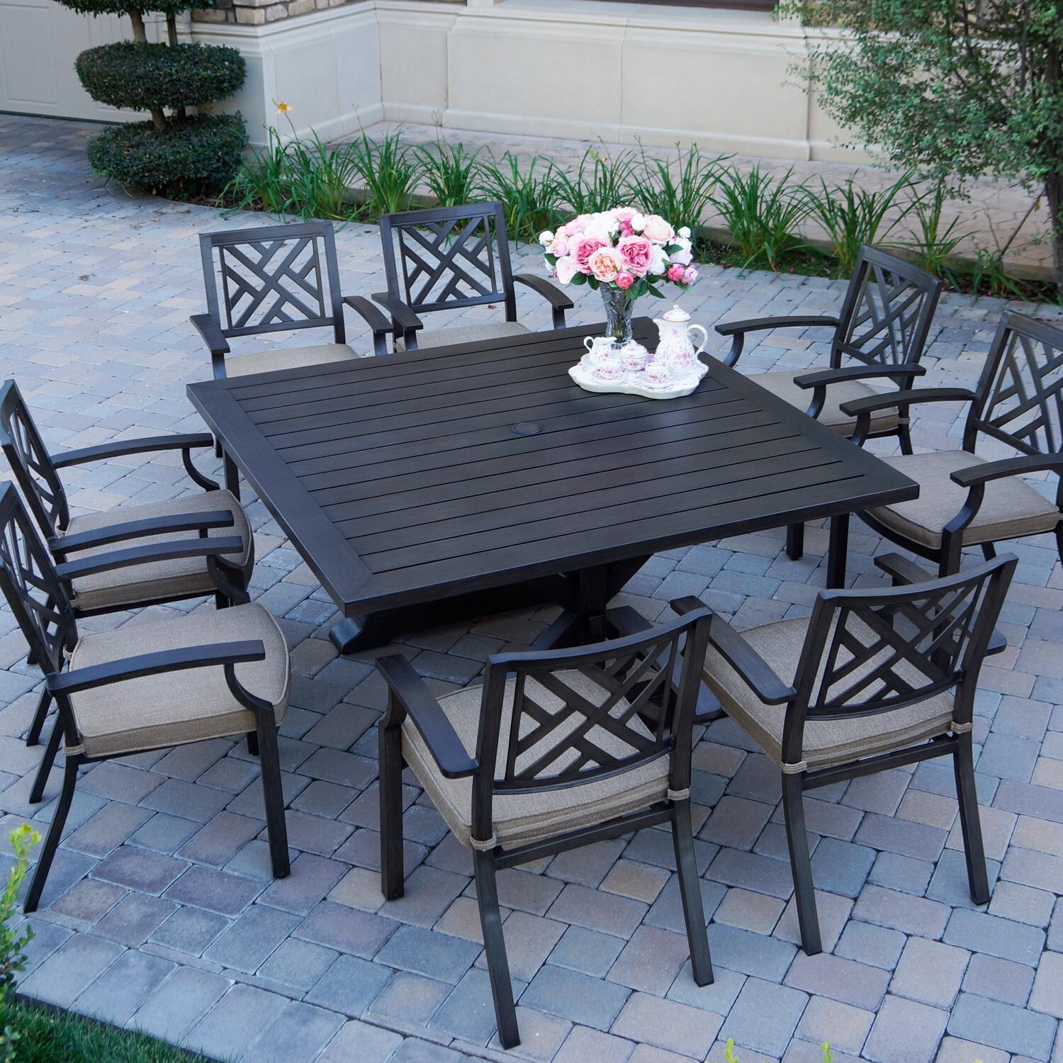 Darlee Brooklyn 9 Piece Patio Dining Set W/ 60-Inch Square Dining Table & Sesame Cushions thumbnail