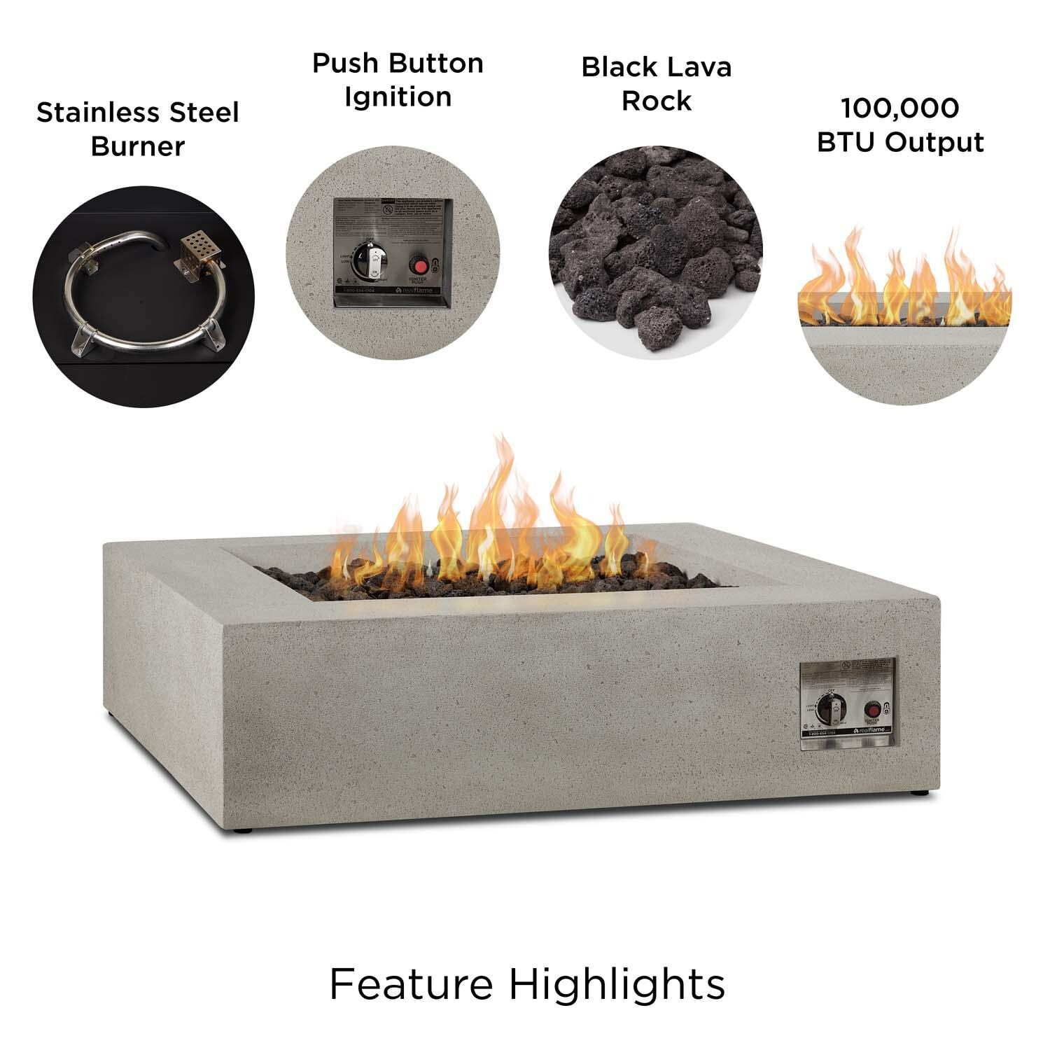 Hillview Bay 42 Inch Square Glass Fiber Reinforced Concrete Propane Fire Pit Table in Flint by BBQGuys Signature - Features thumbnail
