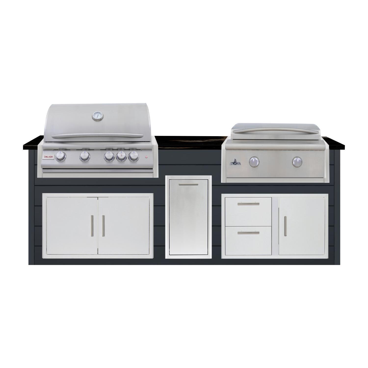 BBQGuys Signature 8 Ft Outdoor Kitchen Island w/ 32 Inch Natural Gas Blaze LTE+ Grill & Griddle & Narrow Trash Bin | Asphalt Gray w/ Nero Mist Granite