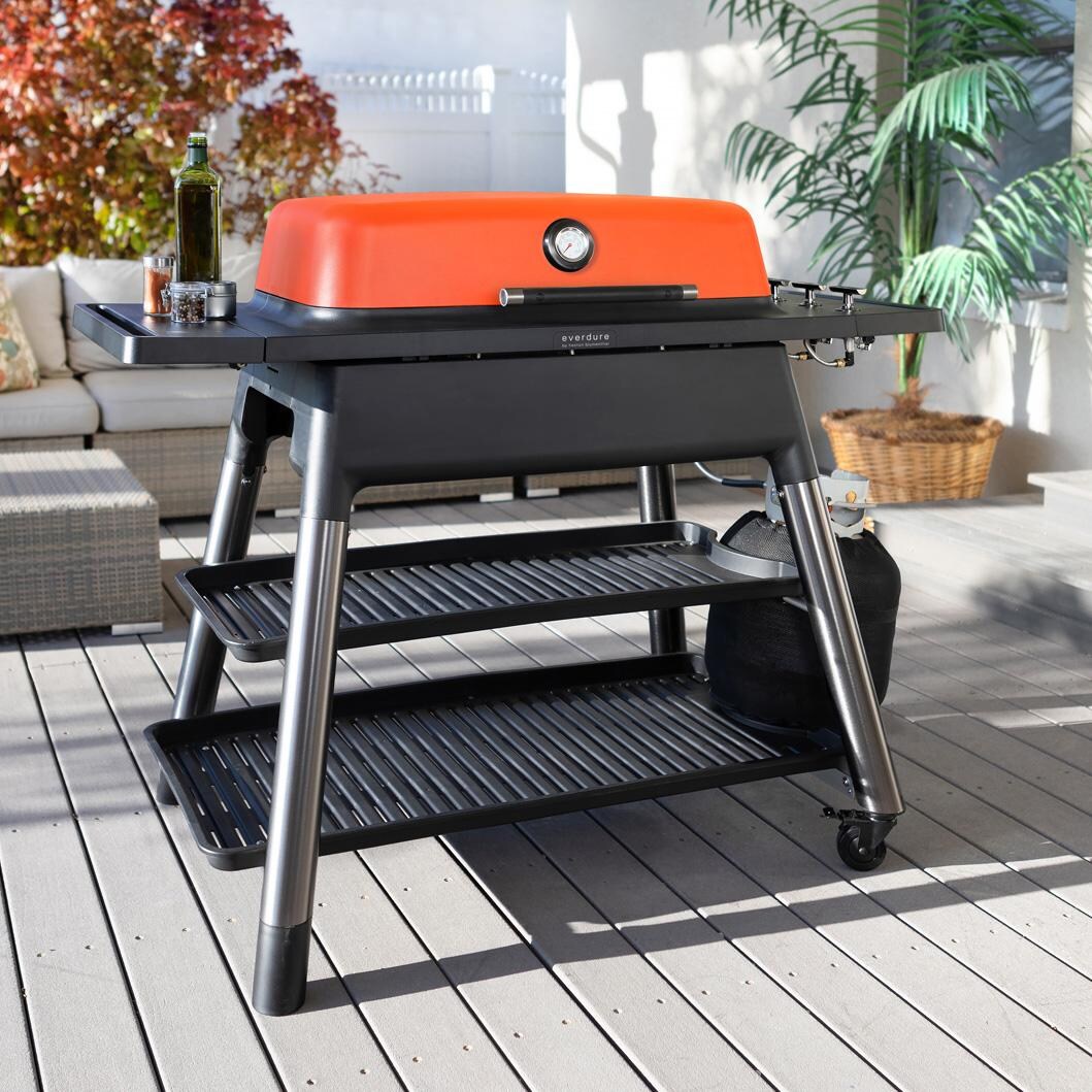 Everdure E3G3O Everdure FURNACE Gen 2 3 Burner Propane Grill w/ Stand - Orange - E3G3O - On Patio - Lifestyle thumbnail