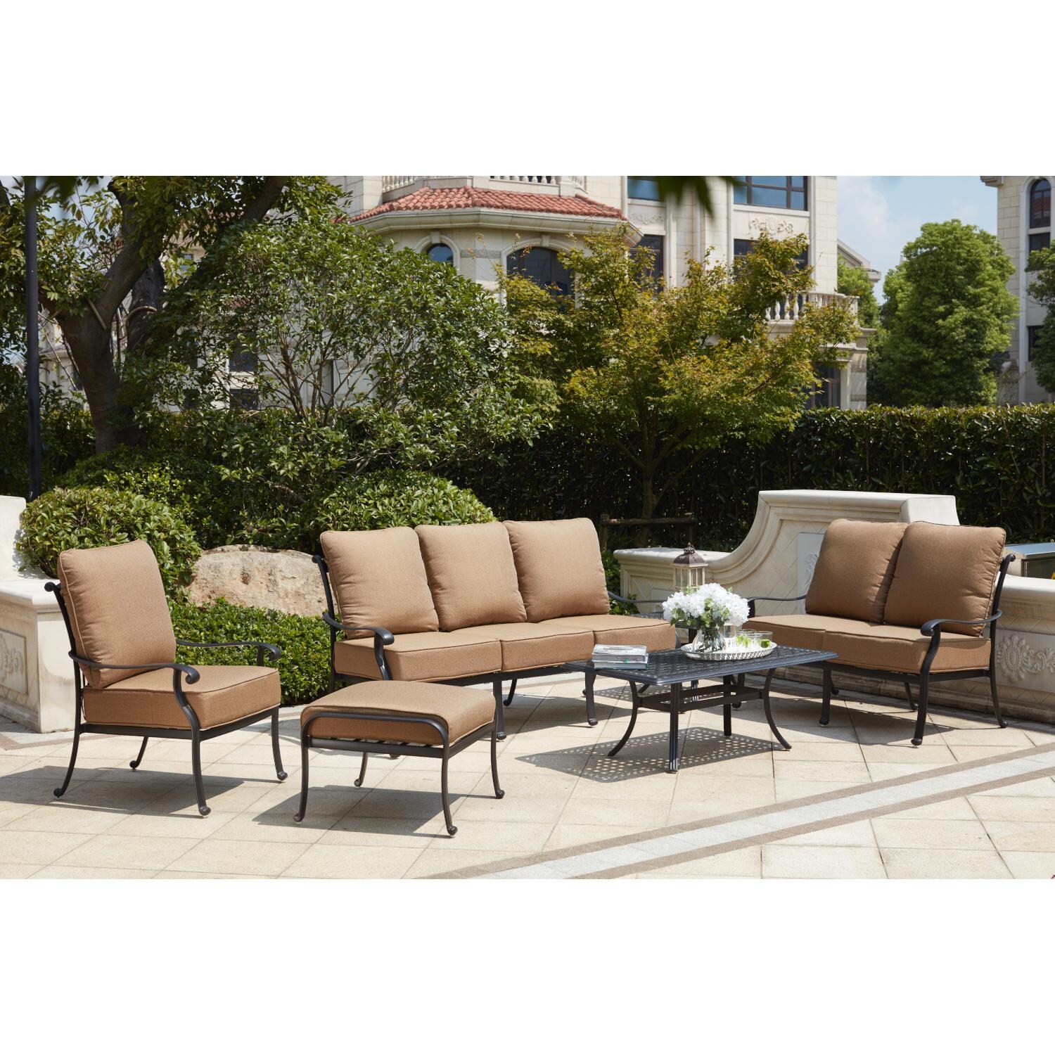 Darlee 201668-6PC-88AB Capri 6 Piece Cast Aluminum Patio Conversation Set W/ Sesame Polyester Cushions - Lifestyle thumbnail