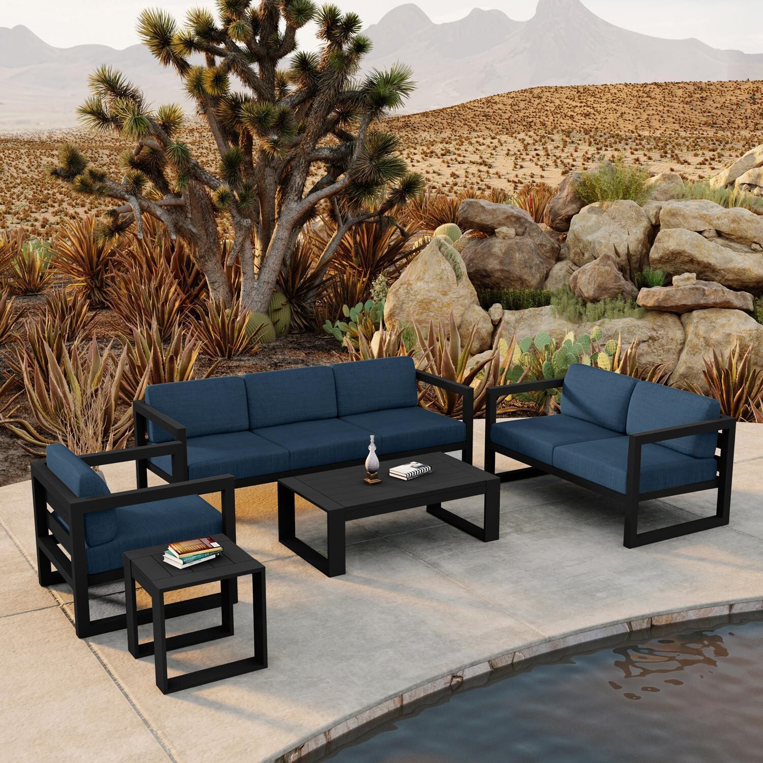 Lakeview MSTYCV-BK-5SS-IN Misty Cove 5 Pc Aluminum Seating Set in Black w/Portal Coffee Table & Spectrum Indigo Cushions by Lakeview Outdoor Designs - Set By The Pool - Lifestyle thumbnail