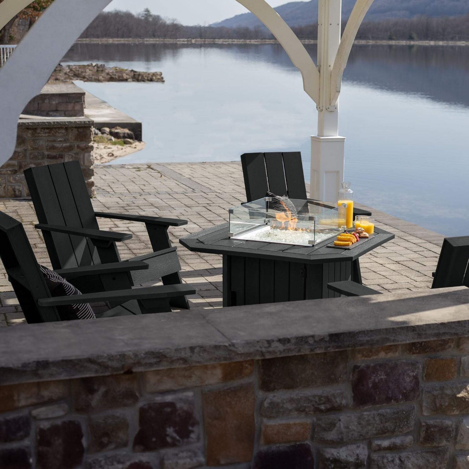 Harborview 5 Pc Adirondack Set W/ Fire Pit Table in Black by Lakeview Outdoor Designs - Around Lake - Lifestyle thumbnail