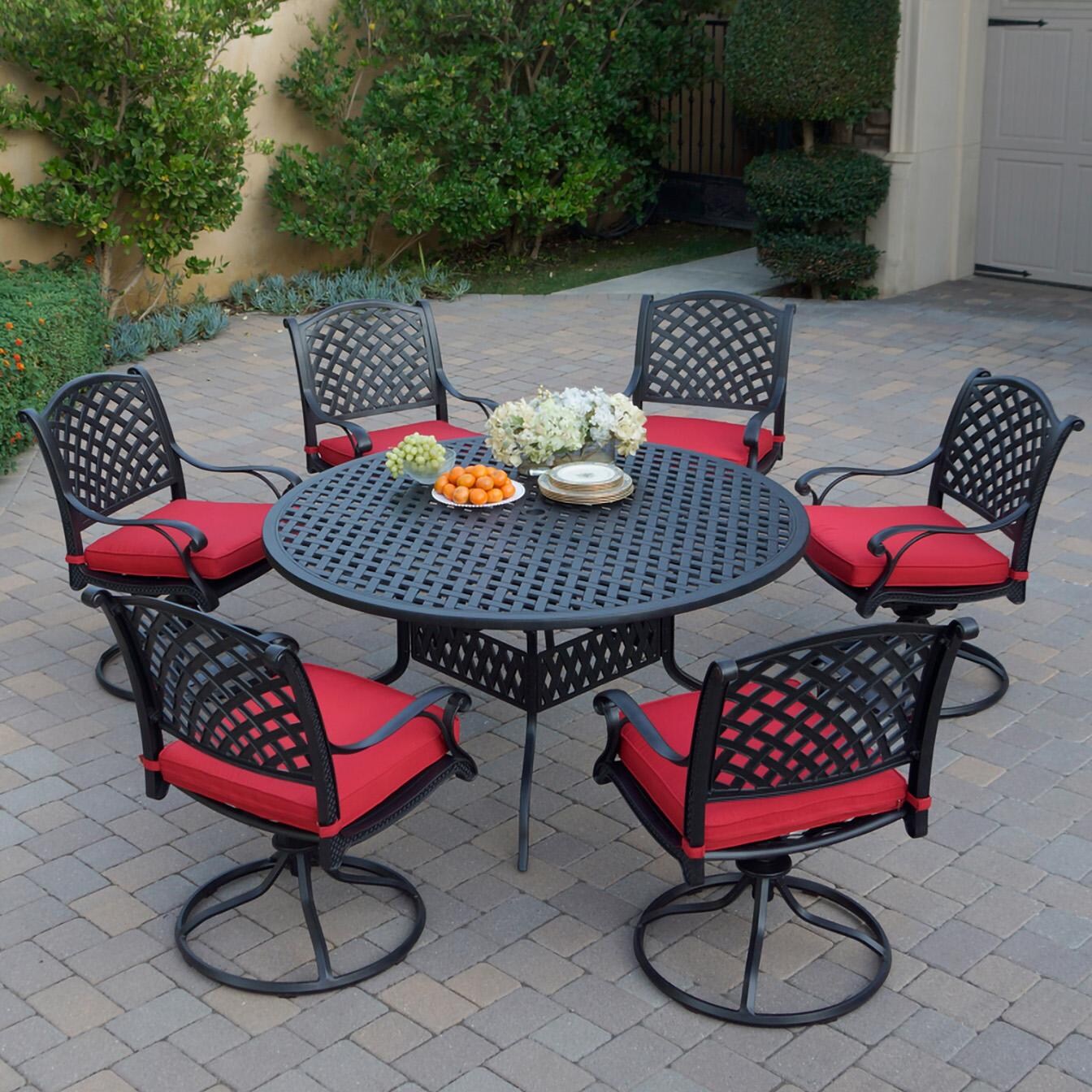 Darlee B/DL13-7PCAR-30D-R Nassau 7 Pc Cast Aluminum Dining Set w/ Rocker in Antique Bronze w/ Red Cushions - Set - Lifestyle thumbnail