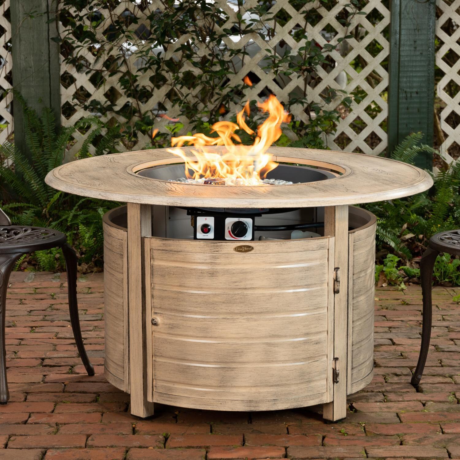 Farmview 42 Inch Round Aluminum Propane Fire Pit Table in Driftwood by Ultimate Patio