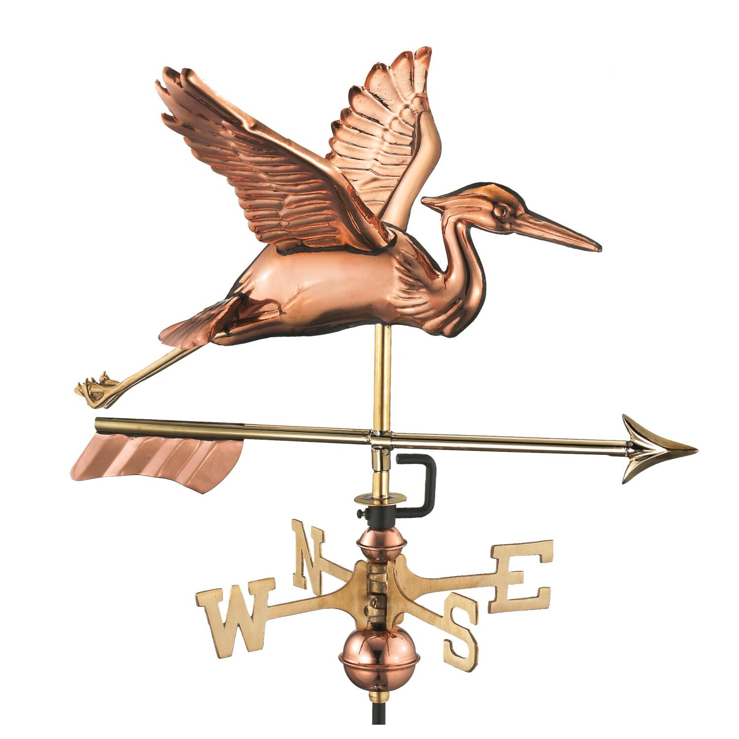 Blue Heron W/ Arrow Cottage Weathervane W/ Roof Mount By Good Directions - Polished Copper thumbnail