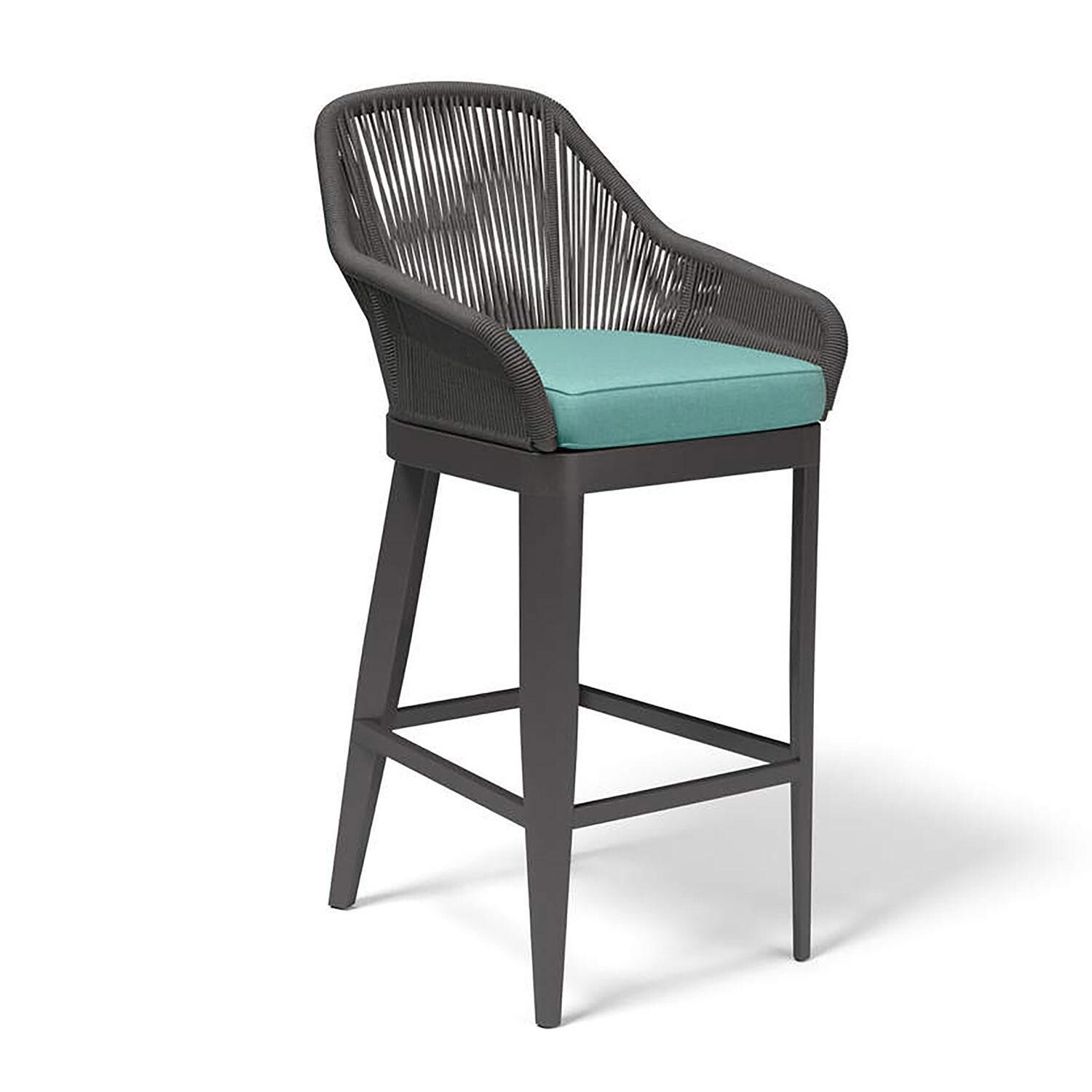 Milano Olefin Rope & Aluminum Patio Bar Stool in Dupione Celeste w/ Self Welt By Sunset West - Right Angle - White Background thumbnail