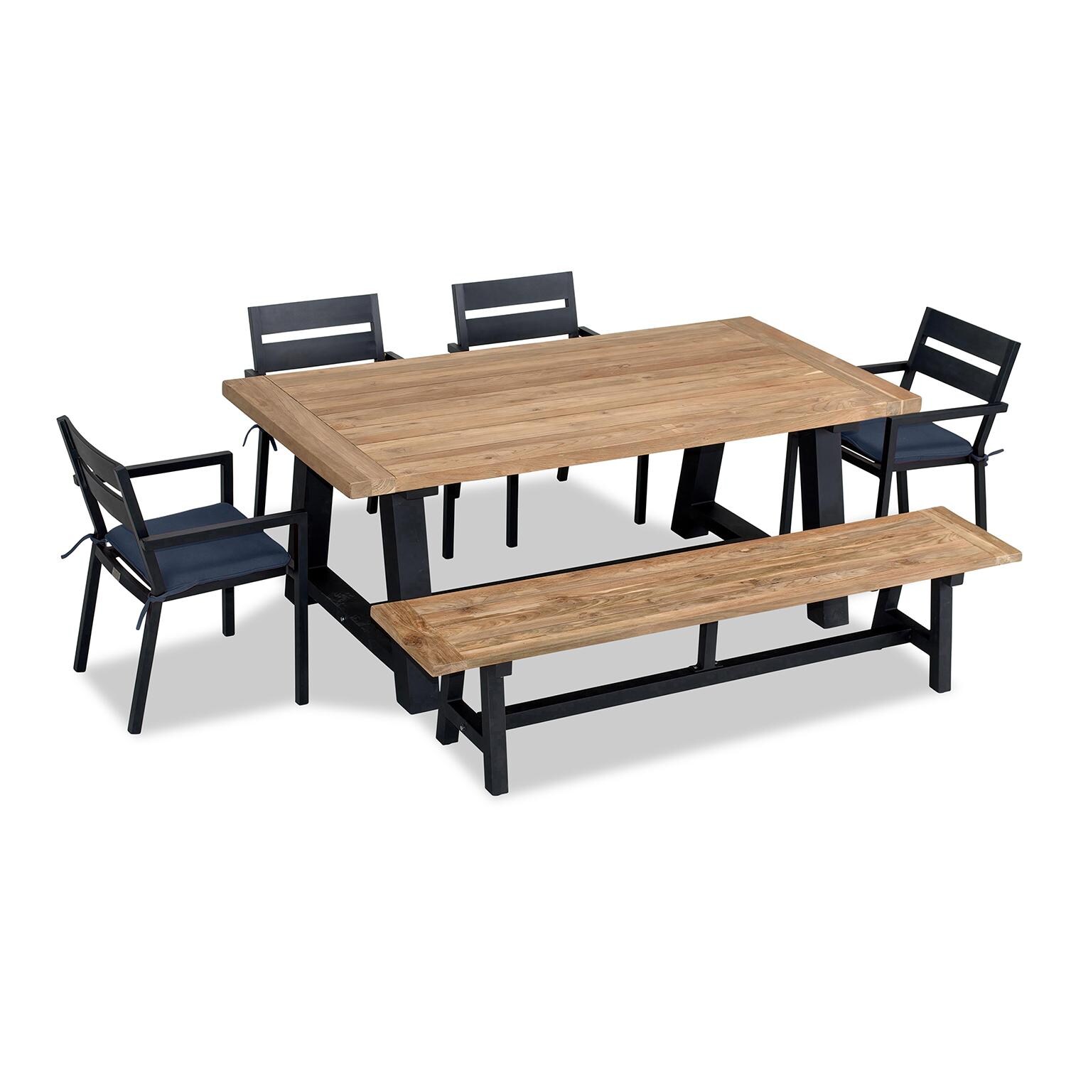 Calm Bay Mill 7 Pc Reclaimed Teak Aluminum Dining Set w/ Bench in Black/Spectrum Indigo by Lakeview Outdoor Designs