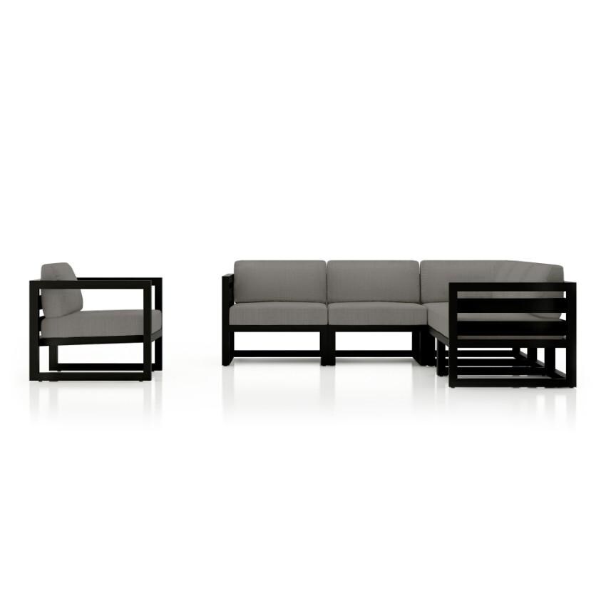 Lakeview Misty Cove 6 Pc Aluminum Sectional Set in Black w/Club Chair & Canvas Charcoal Cushions by Lakeview Outdoor Designs - Side View - White Background thumbnail