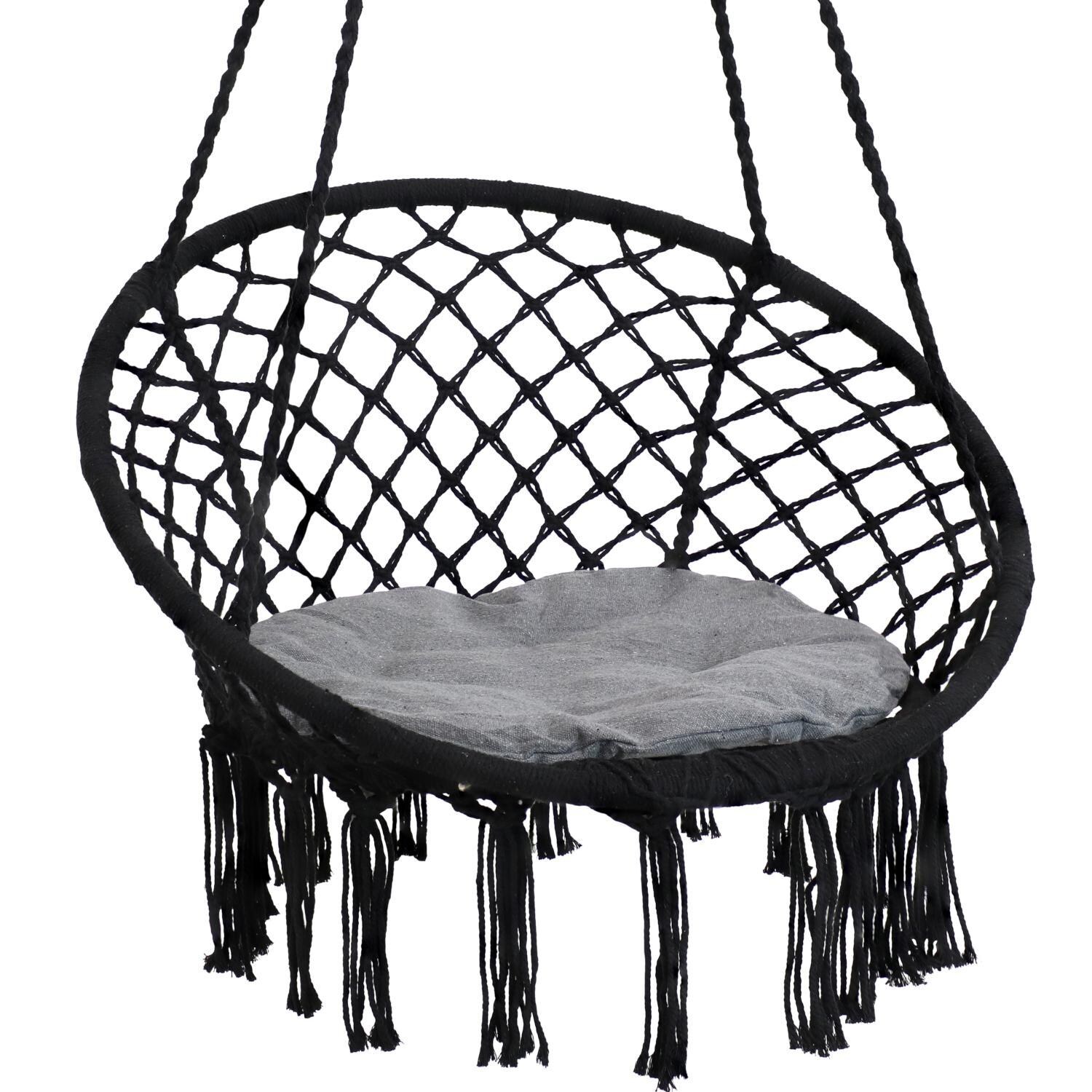 Ultimate Patio Macrame Hammock Chair w/ Tassels & Cushion - Black/Gray - Close-Up thumbnail