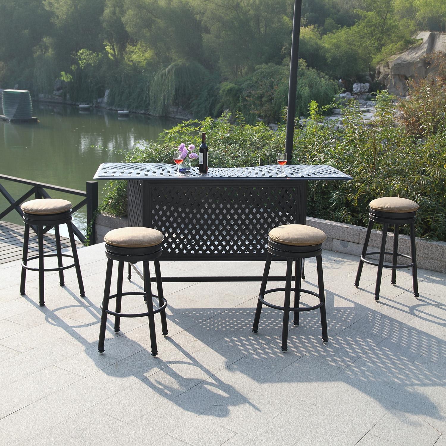 Darlee Classic 6 Pc Cast Aluminum Backless Swivel Bar Stool Set w/ Beige Canvas Cushions - Set - White Background thumbnail