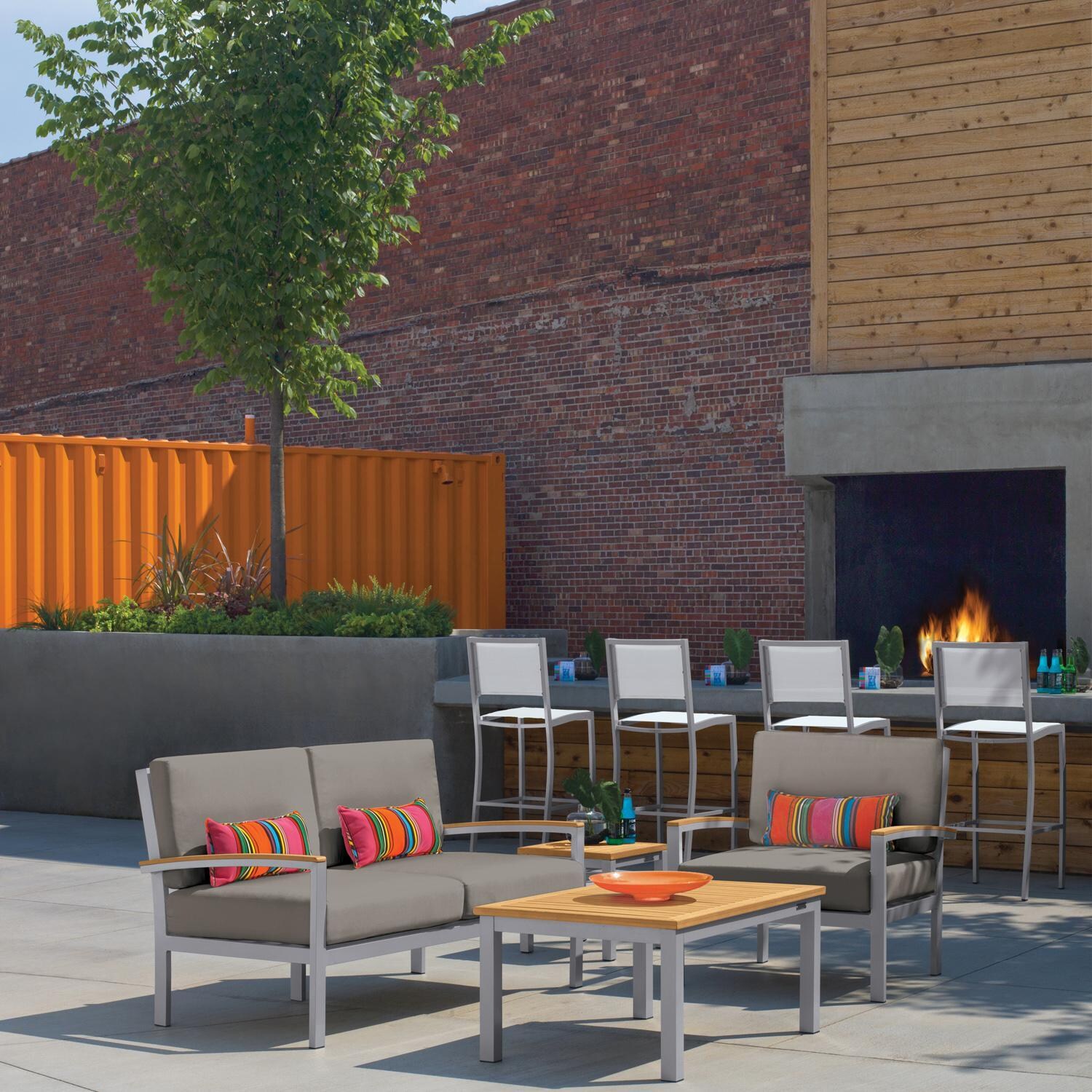 Oxford Garden Travira 2 Person Aluminum Loveseat W/ Natural Tekwood Arm Caps in Flint/Stone - Conversation Set thumbnail