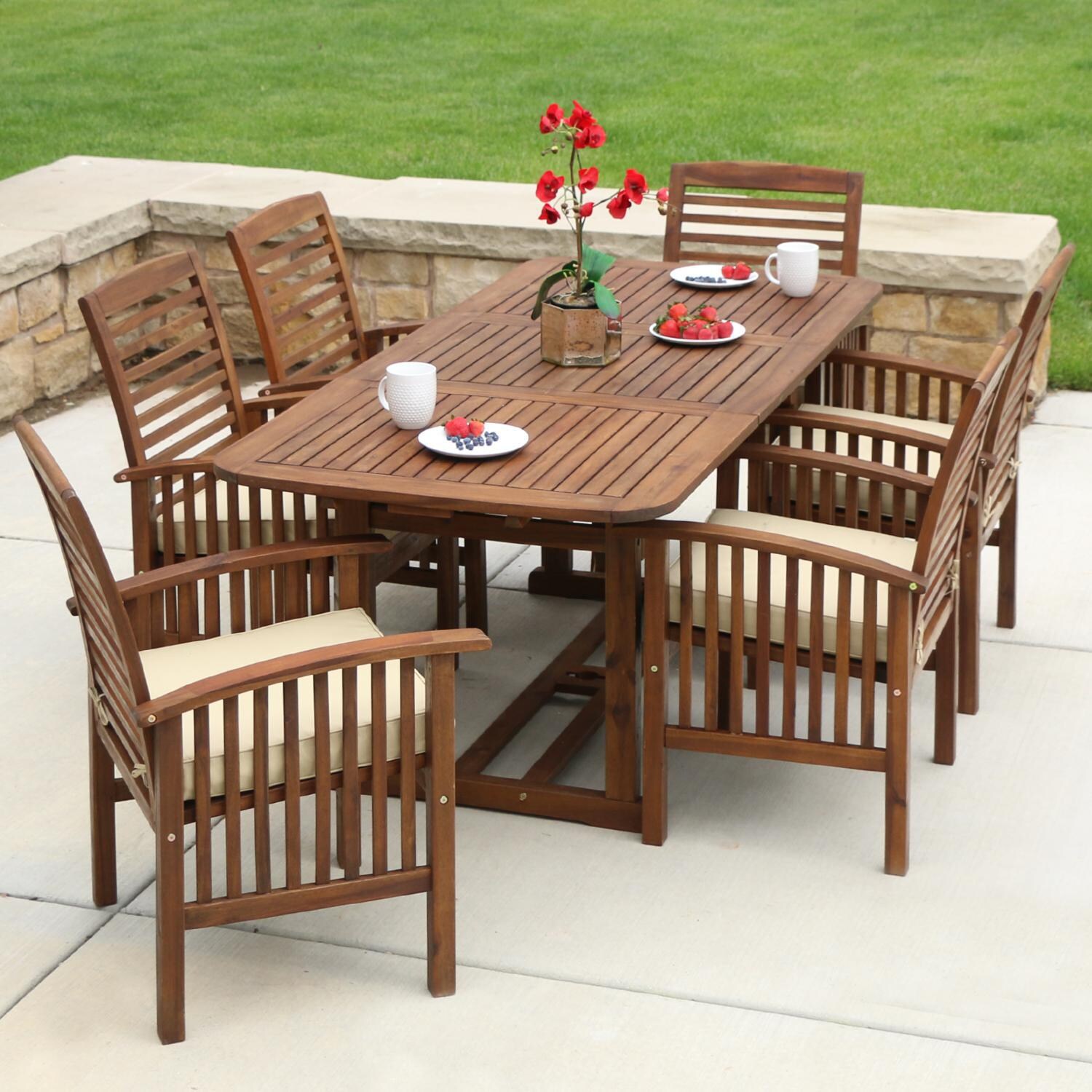 Ultimate Patio Horizon Way 7 Piece Dark Brown Acacia Patio Dining Set W/ 55 x 35 Inch Extension Table & Natural Cushions thumbnail