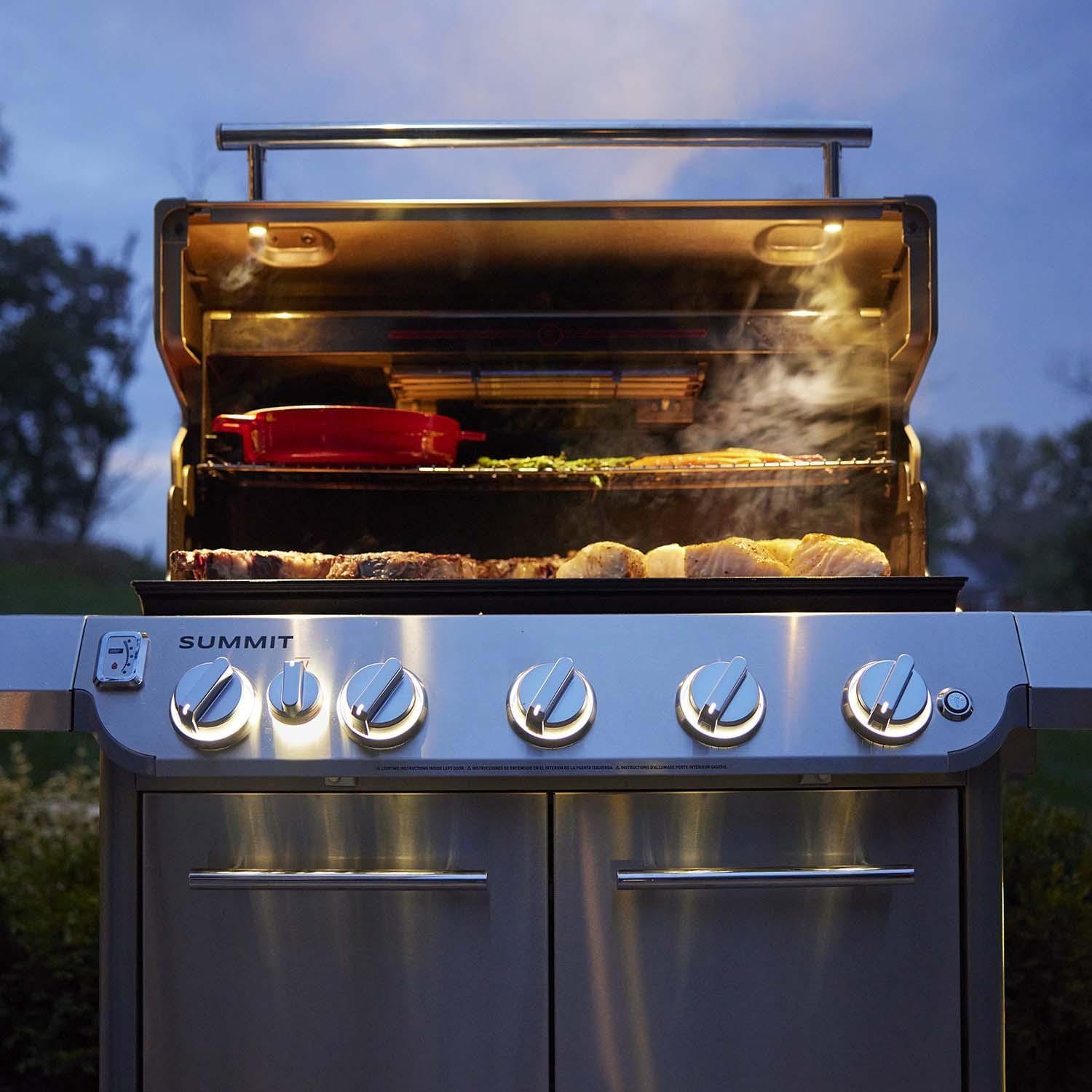 Weber Grills 1500028 Weber Summit FS38 S Propane Gas Grill - Stainless Steel - Hood Open W/Lights On - Detail thumbnail