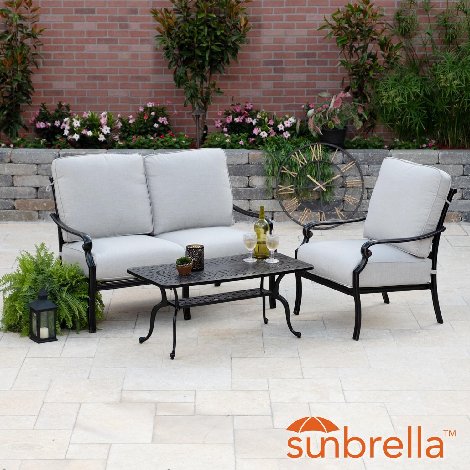 Du Monde 3 Piece Cast Aluminum Outdoor Conversation Set W/ 42 X 21 Inch Coffee Table, Loveseat & Cast Silver Cushions By Lakeview Outdoor Designs
