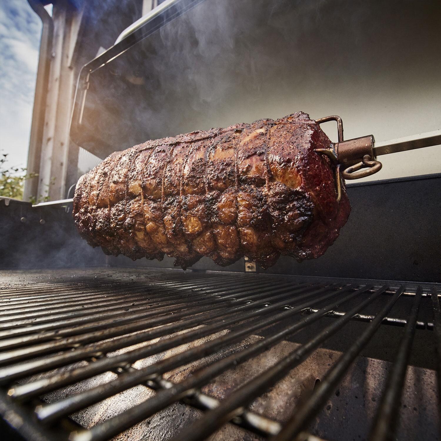 Weber 1500120 Searwood 600 Porcelain Coated Steel Pellet Grill - Rib on Rotisserie - Lifestyle thumbnail