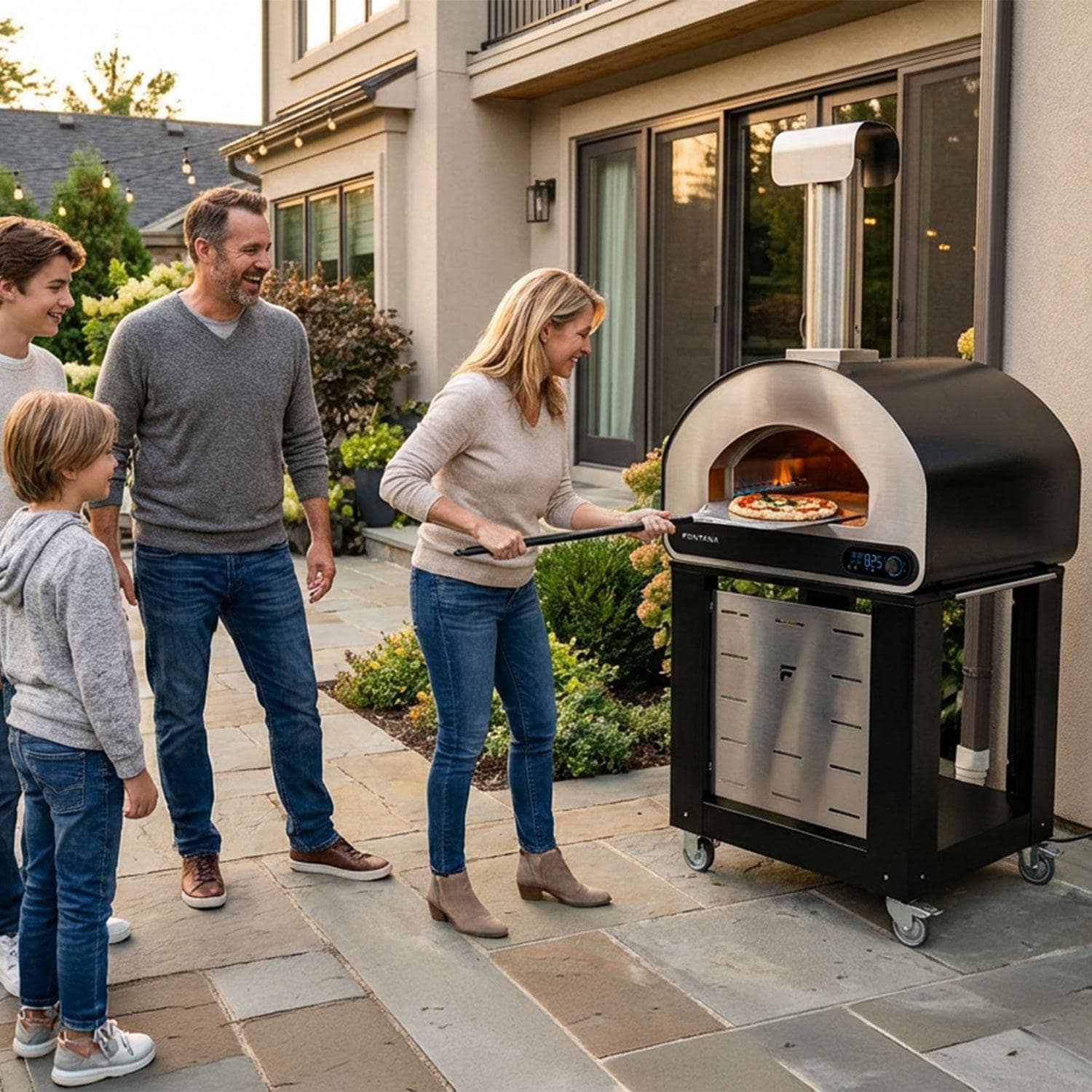 Fontana Forni FFVOLTA70-B Volta 70 Hybrid Smart Outdoor Oven - Black - On Cart - Family Gathering - Lifestyle thumbnail