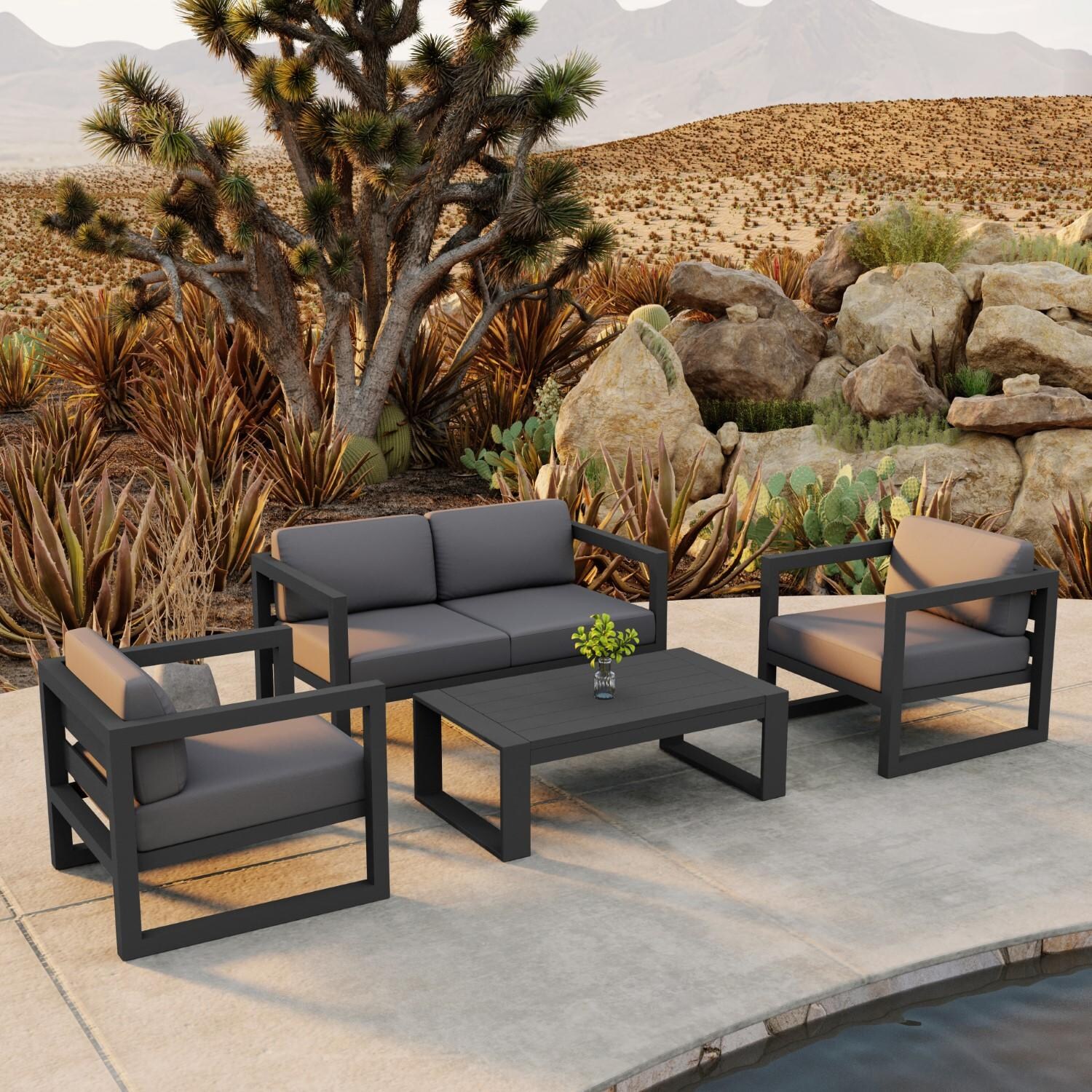 Misty Cove 4 Pc Aluminum Loveseat Set in Slate W/ Canvas Charcoal Cushions By Lakeview - Lifestyle thumbnail