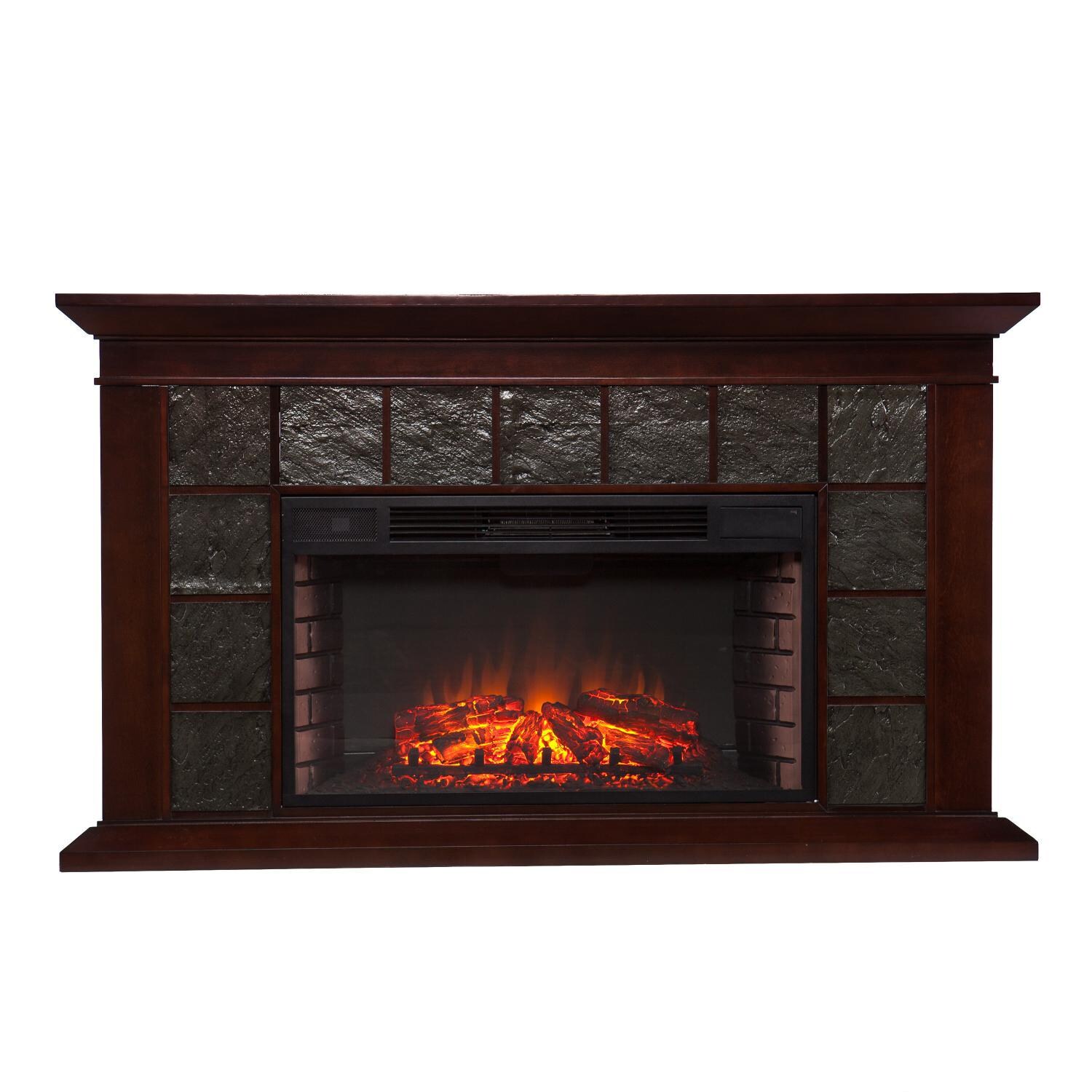 Southern Enterprises Newberg 60-Inch Electric Fireplace Mantel - Warm Brown Walnut W/ Gray Tile - FE9022 - Front View thumbnail