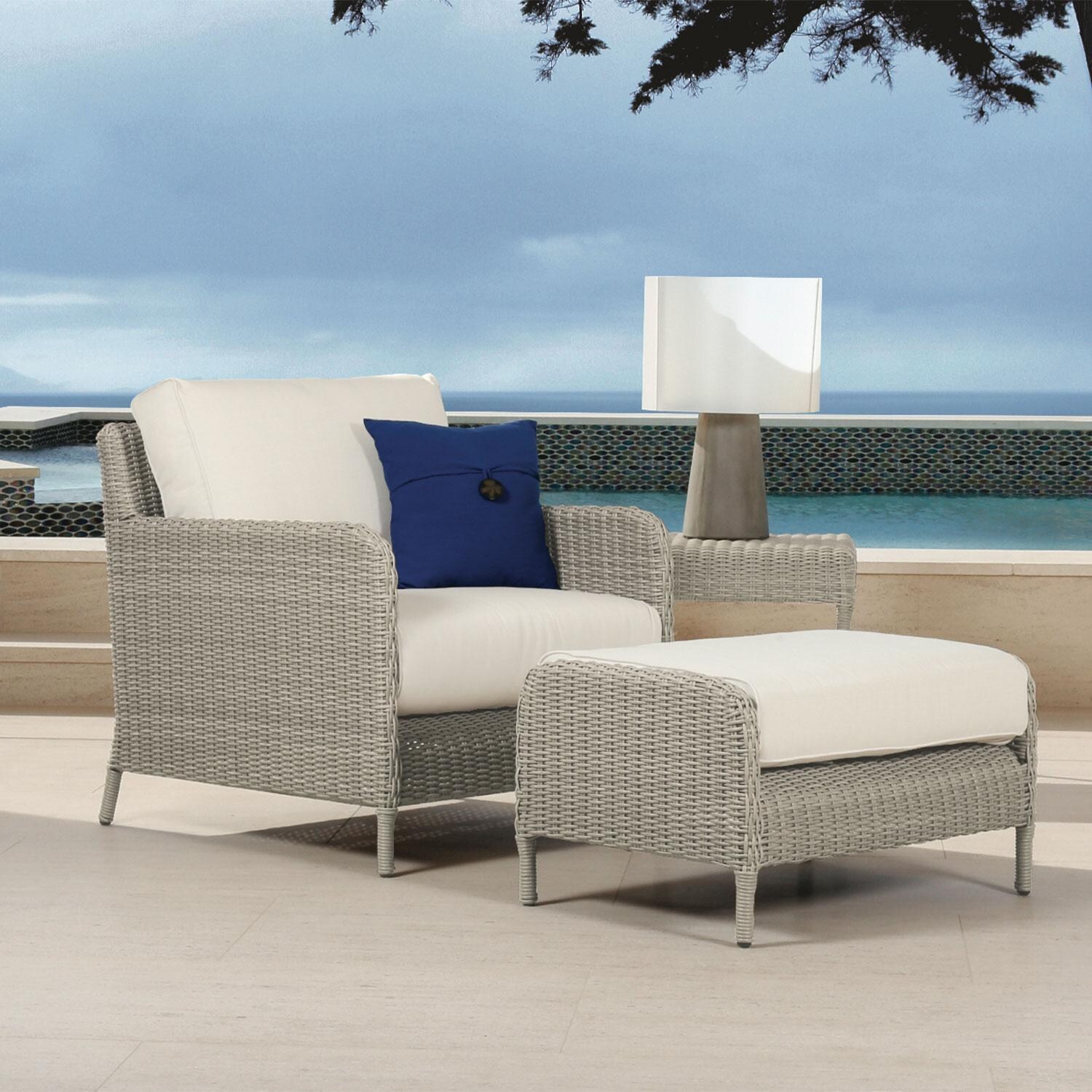 Manhattan Wicker Patio Ottoman in Canvas Skyline w/ Self Welt By Sunset West - By The Pool - Styled W/ Club Chair Shown in Canvas Flax finish - Lifestyle thumbnail