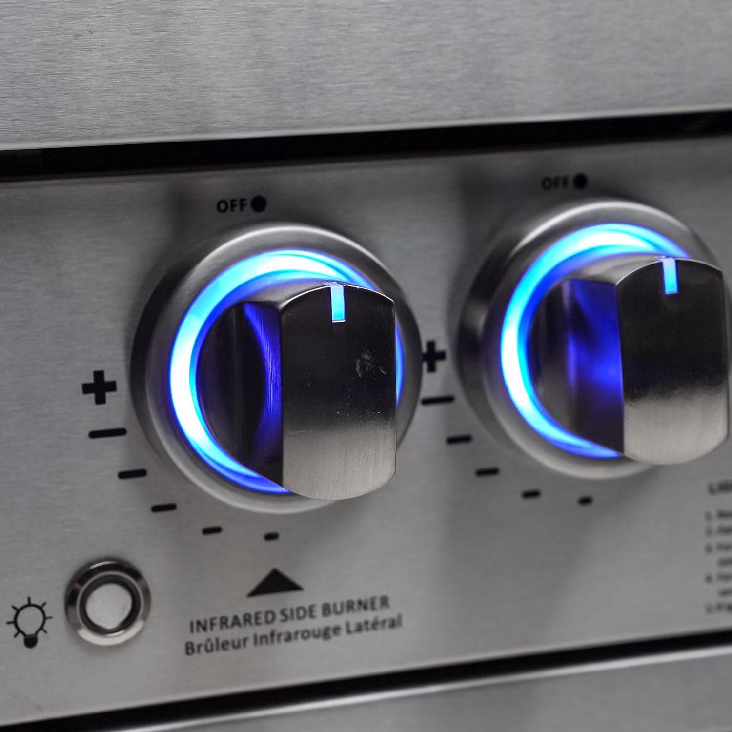 Mont Alpi Black Series 10 Ft Propane Outdoor Kitchen Island w/ Side Burner & Refrigerator - LED Knobs - Shown in Stainless Steel - Detail thumbnail