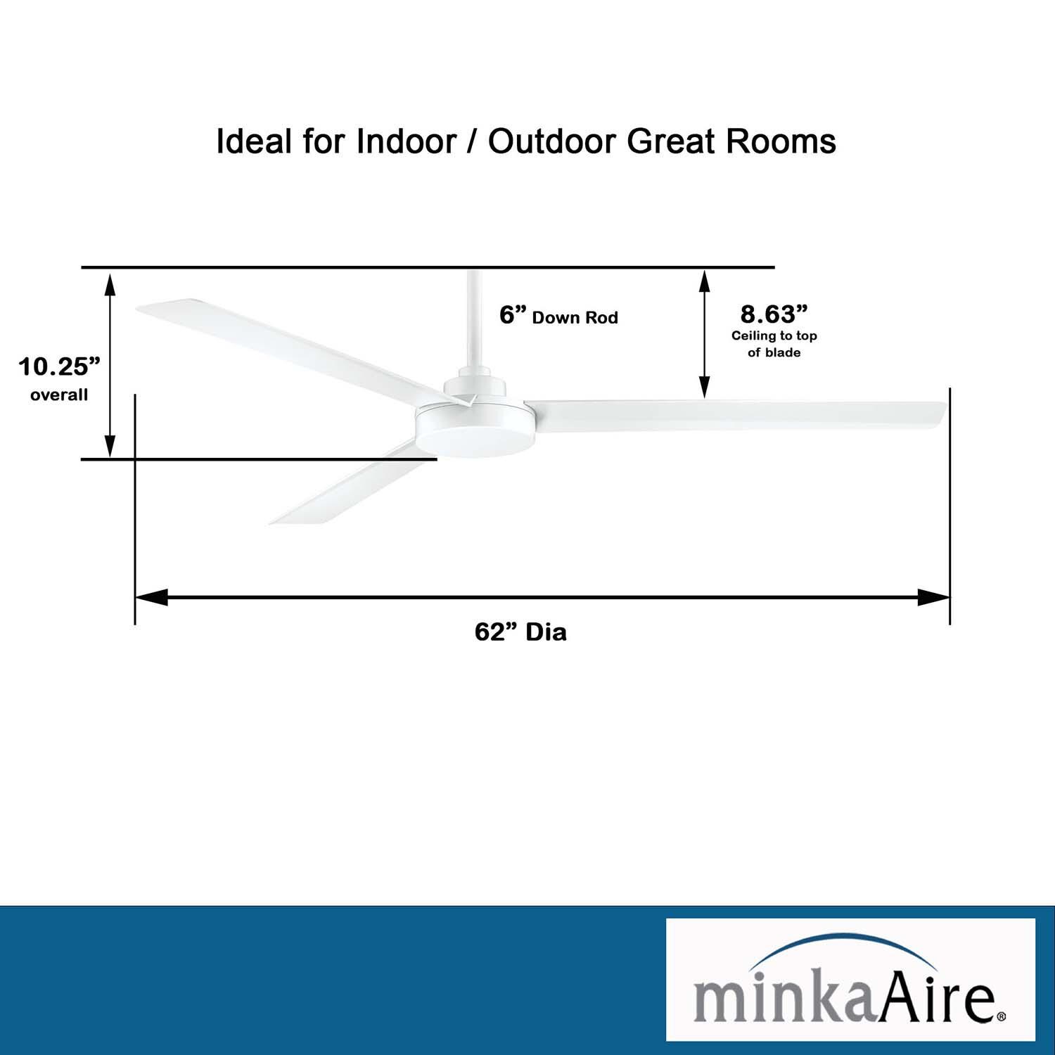 Minka-Aire F624-WHF Roto XL 62-Inch 3-Blade Ceiling Fan in Flat White Finish w/ Flat White Blades - Dimensions thumbnail