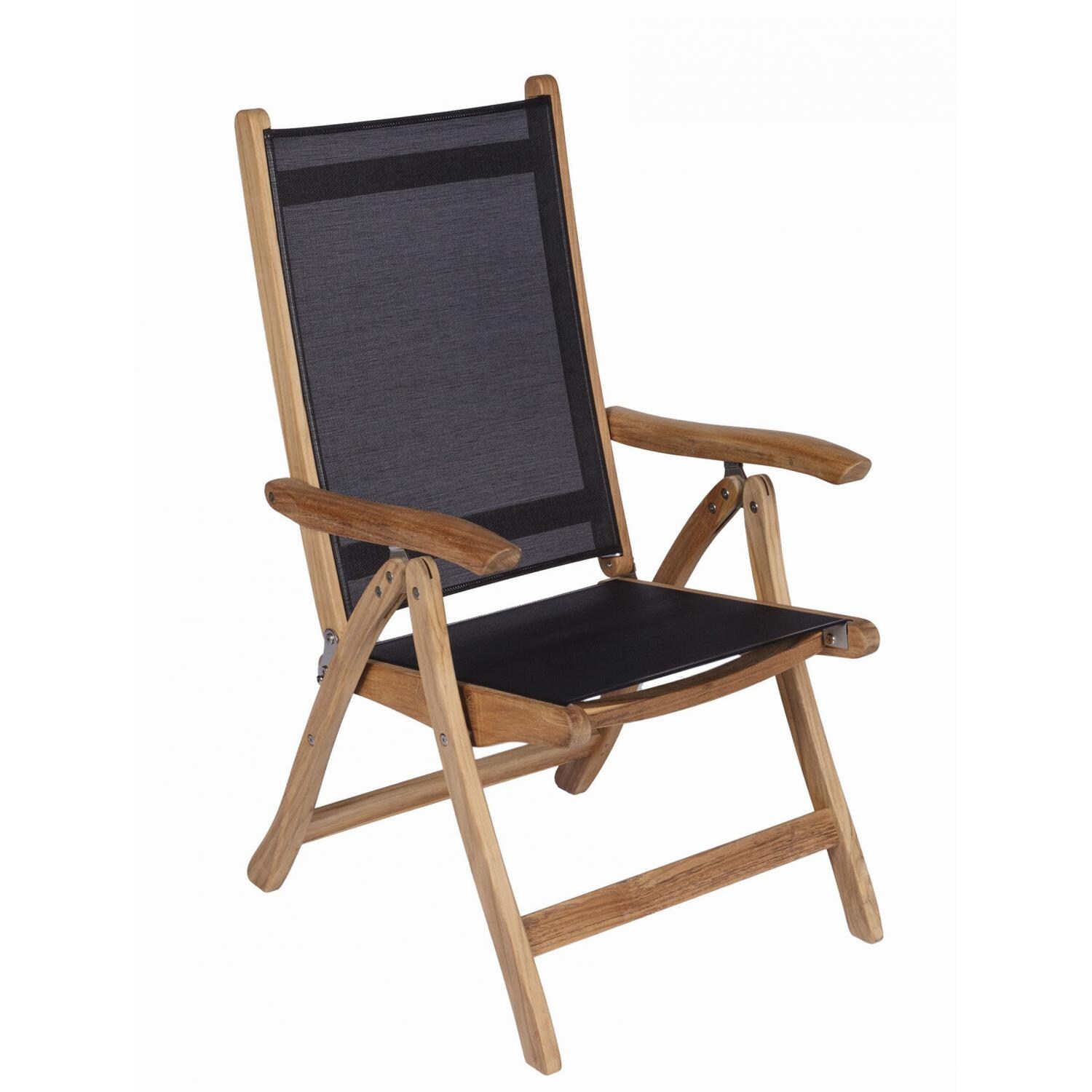Royal Teak Collection Florida Reclining & Folding Teak Patio Dining Arm Chair With Black Sling thumbnail