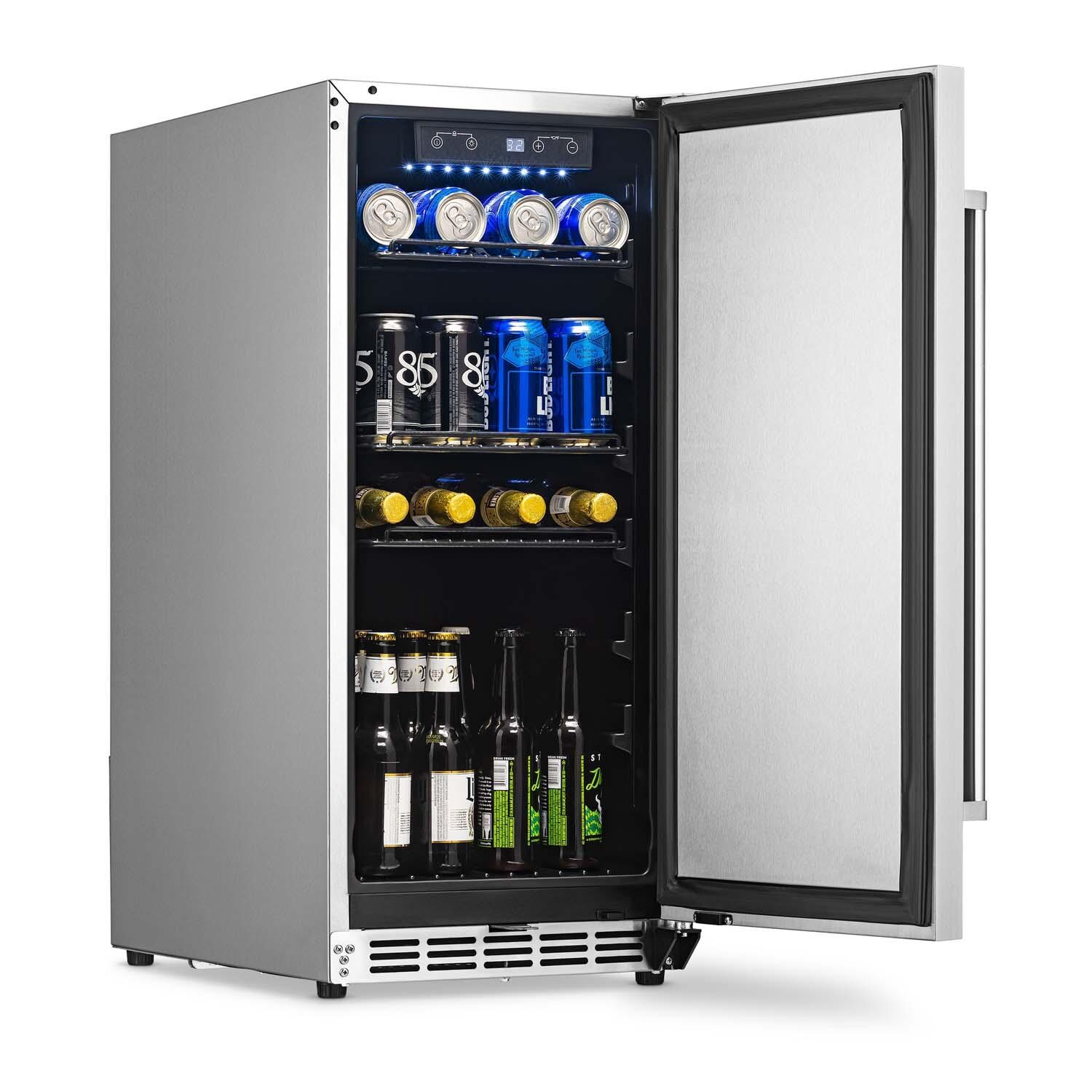 NewAir NCR032SS00 15 Inch 90 Can Right Hinge Commercial Built-in Outdoor Beverage Cooler - Stainless Steel - Door Open - White Background thumbnail