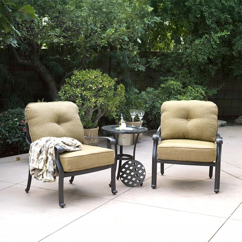 Darlee Elisabeth 2 Piece Cast Aluminum Patio Club Chair Set W/ Sesame Cushions - Shown on Patio - Lifestyle thumbnail