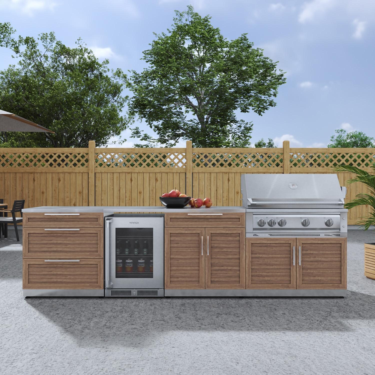 NewAge Products 67915 Classic Series 10 1/2 Ft Outdoor Kitchen Island w/ 40-in Propane Grill, Glass Door Refrigerator, Trash Bin, Door & Drawer in Grove/Stainless Steel - On Patio - Lifestyle thumbnail