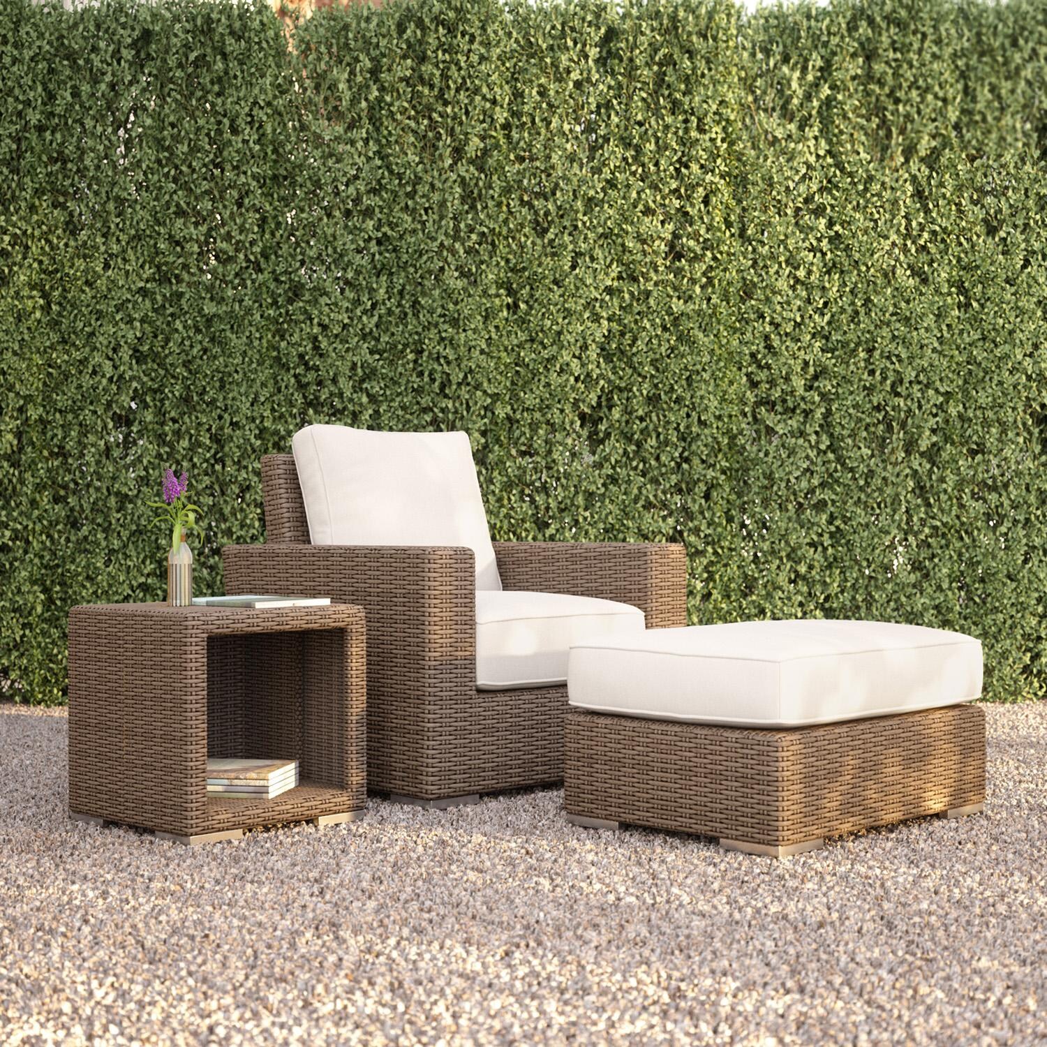 Coronado Wicker Ottoman in Driftwood/Canvas Natural by Sunset West - Shown in Set in Different Fabric - Lifestyle thumbnail