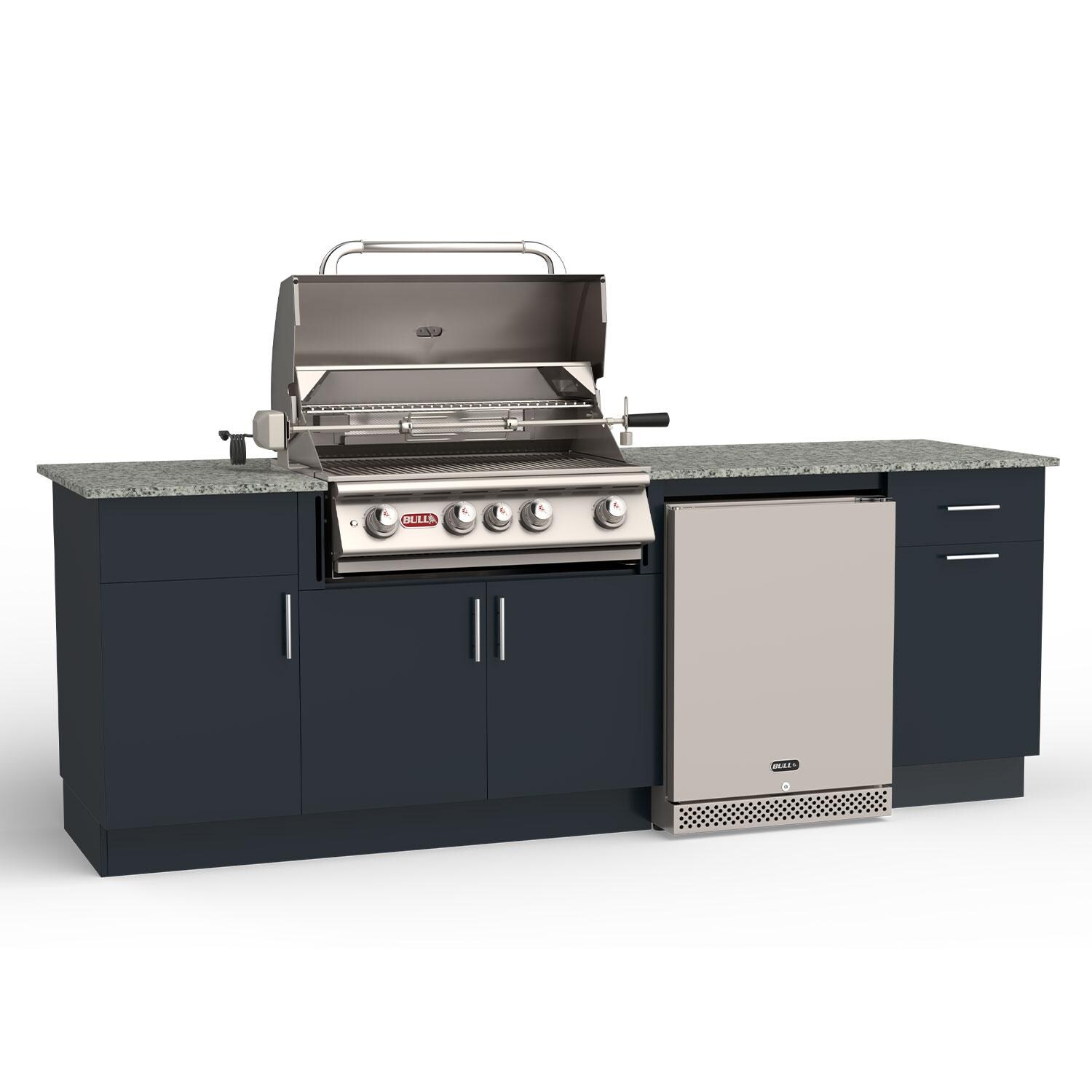 Bull Myrtle Beach DuraBull 8 Ft Outdoor Kitchen Island w/ Angus 30-in Propane Grill, Refrigerator, & Trash Bin in Symphony Blue Galaxy/White Granite - Open - White Background thumbnail