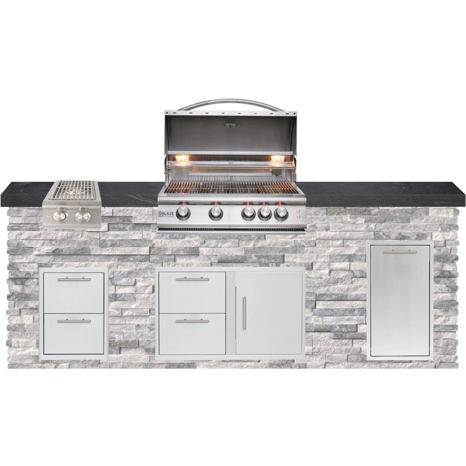 BBQGuys Signature 8ft Luxury Outdoor Island W/ Blaze LTE 32-Inch Natural Gas Grill & Double Side Burner - Alaska Gray Stone W/ Black Polished Granite