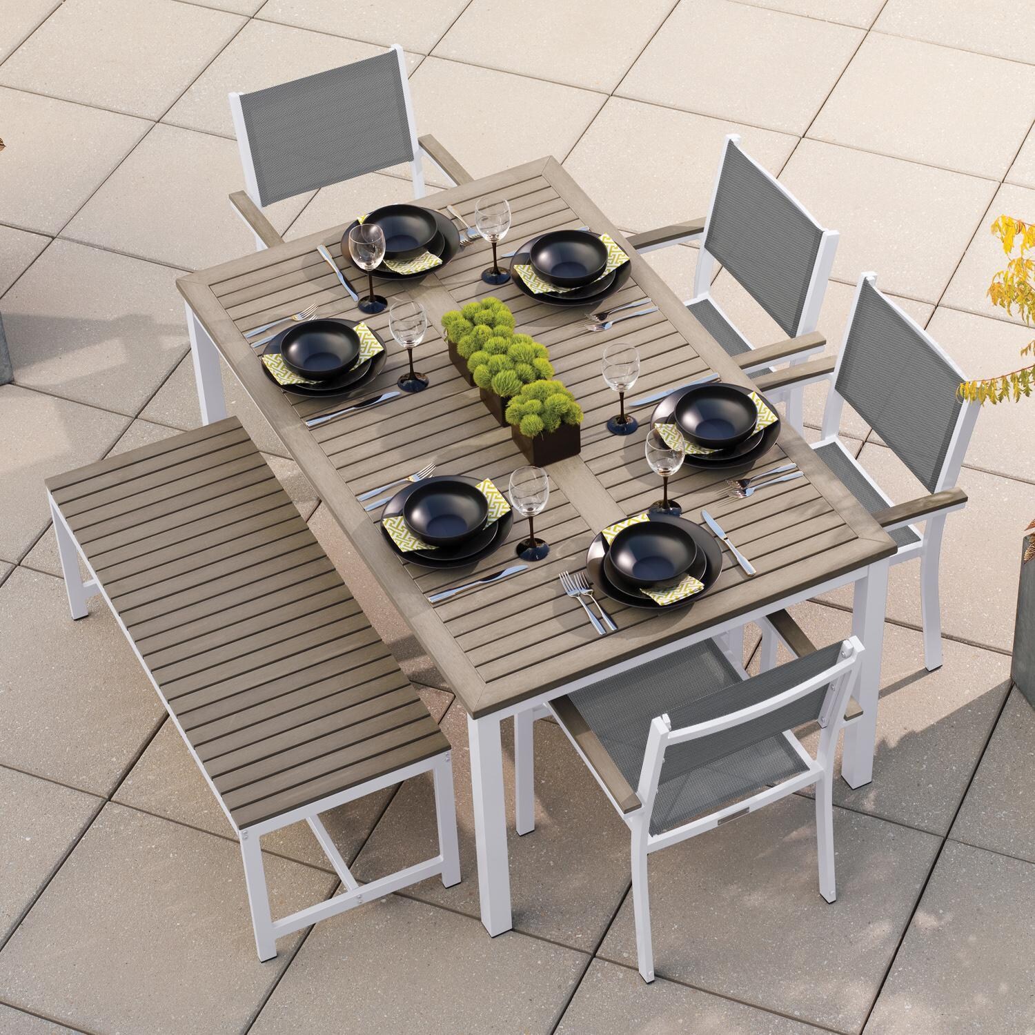 Oxford Garden Travira 4 Pc Composite Sling & Aluminum Dining Chair W/ Vintage Tekwood Arm Caps in Chalk/Titanium - From Above thumbnail