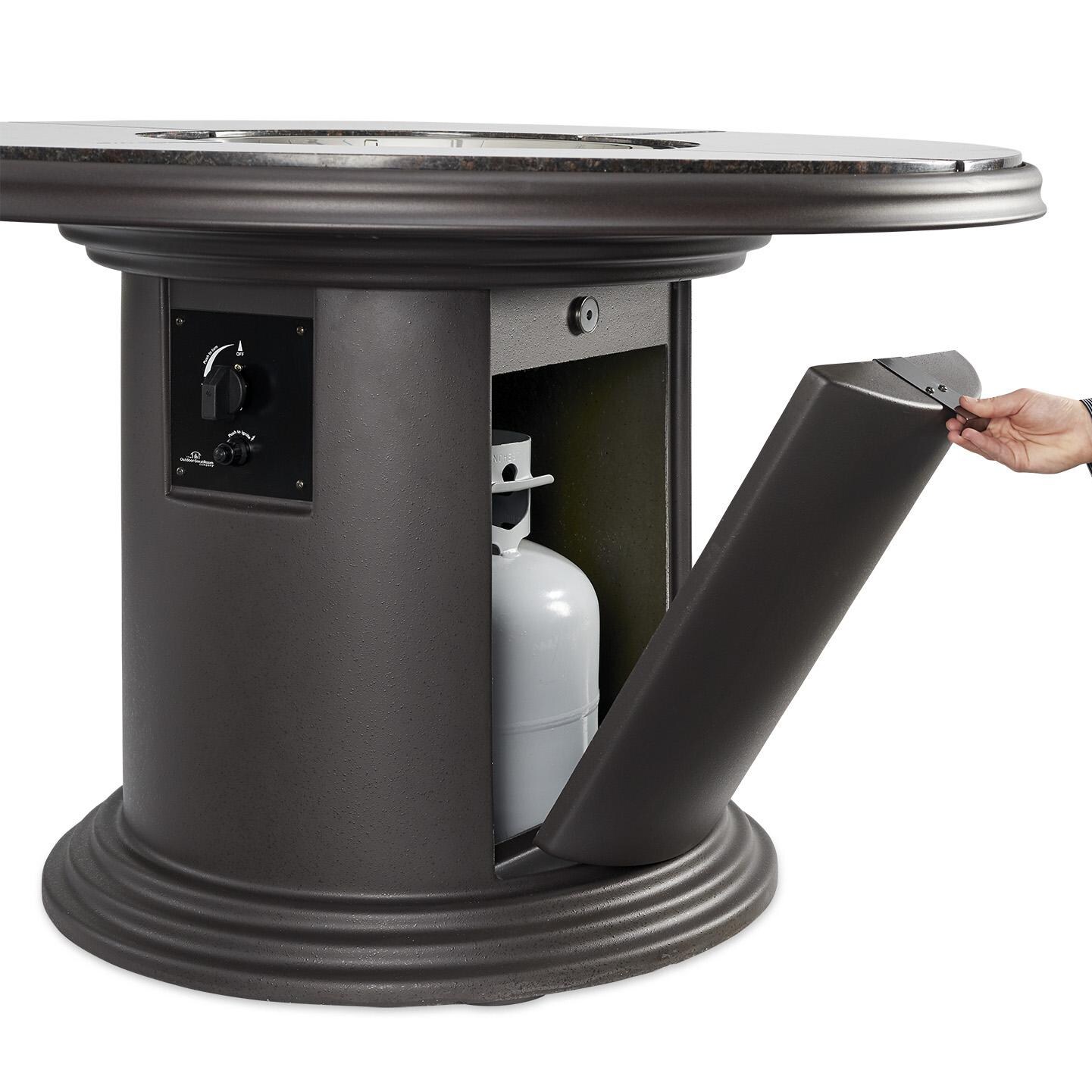 The Outdoor GreatRoom Company Grand Colonial Round Dining Height Gas Gas Fire Pit Table - British Brown - Access door provides convenient storage for propane tanks thumbnail