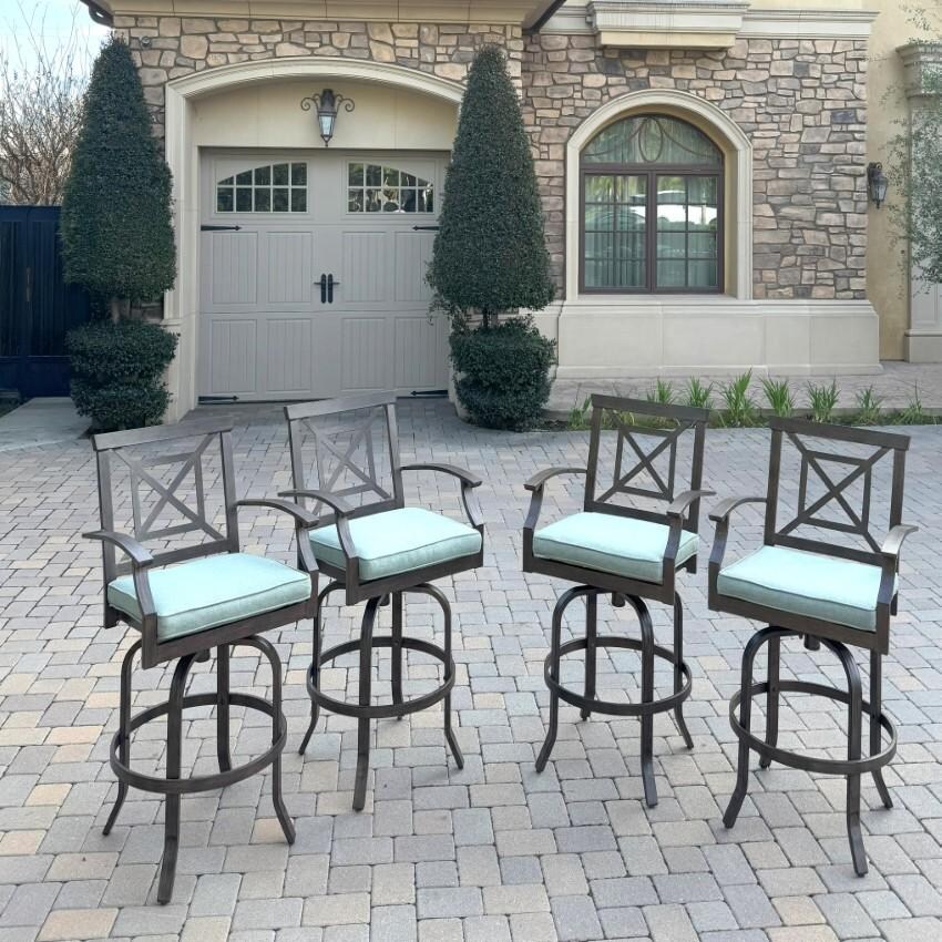 Atlantis Aluminum Swivel Bar Stool Set of 4 w/ Spa Cushions in Walnut By Darlee - Lifestyle thumbnail