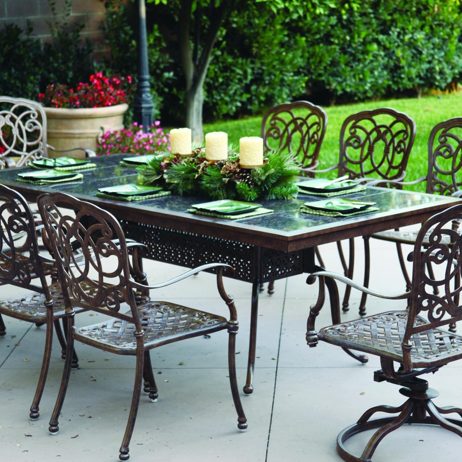 Darlee Florence 9 Piece Cast Aluminum Patio Dining Set With Granite Top Table - Mocha / Brown Granite Tile