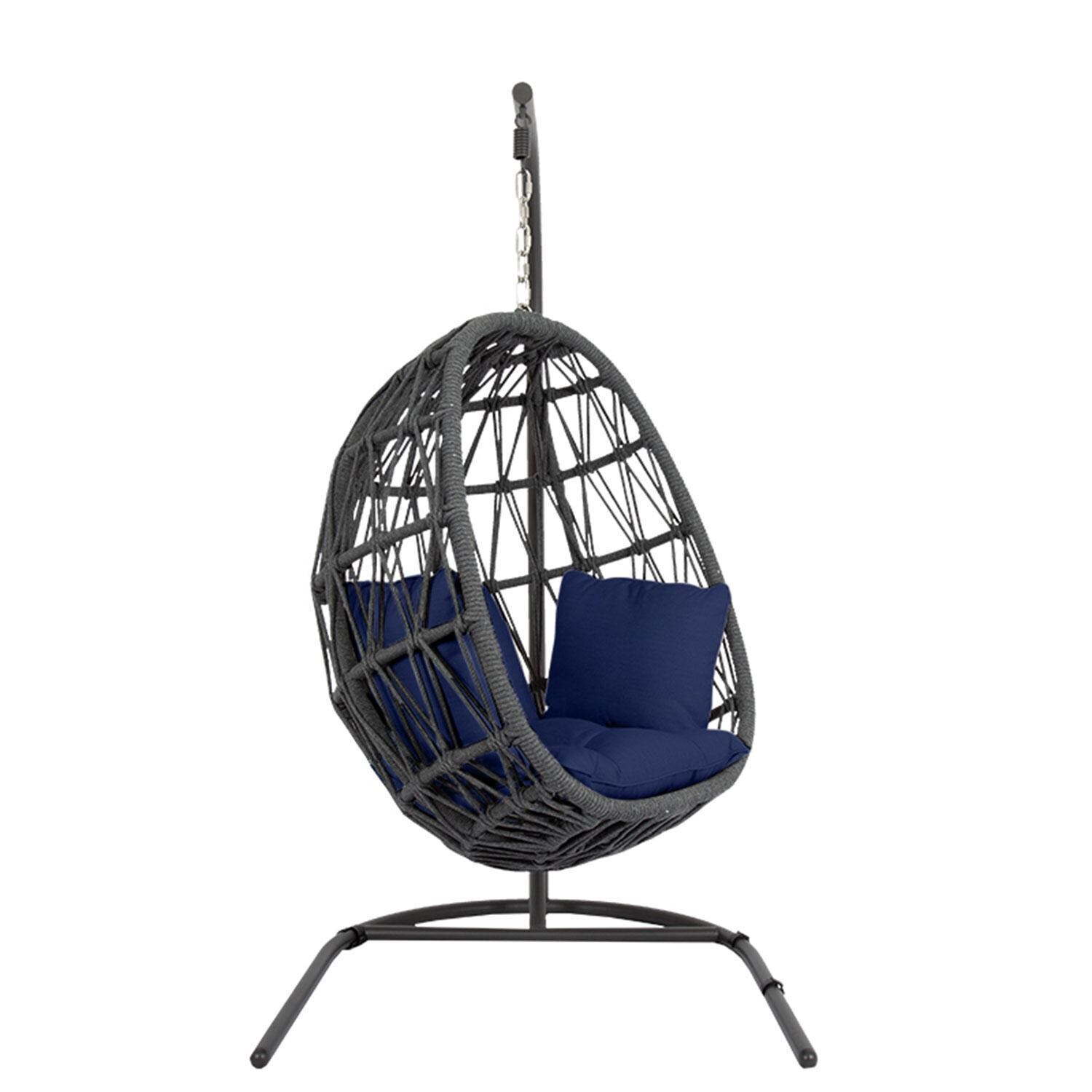 Milano Aluminum & Olefin Rope Patio Hanging Chair in Echo Midnight w/ Self Welt By Sunset West - Side View - White Background thumbnail
