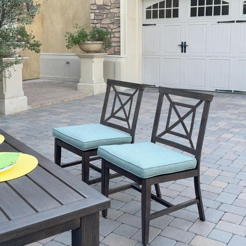 Atlantis Aluminum Dining Side Chair Set of 2 w/ Spa Cushions in Walnut By Darlee - Chairs at Table from Right - Lifestyle thumbnail