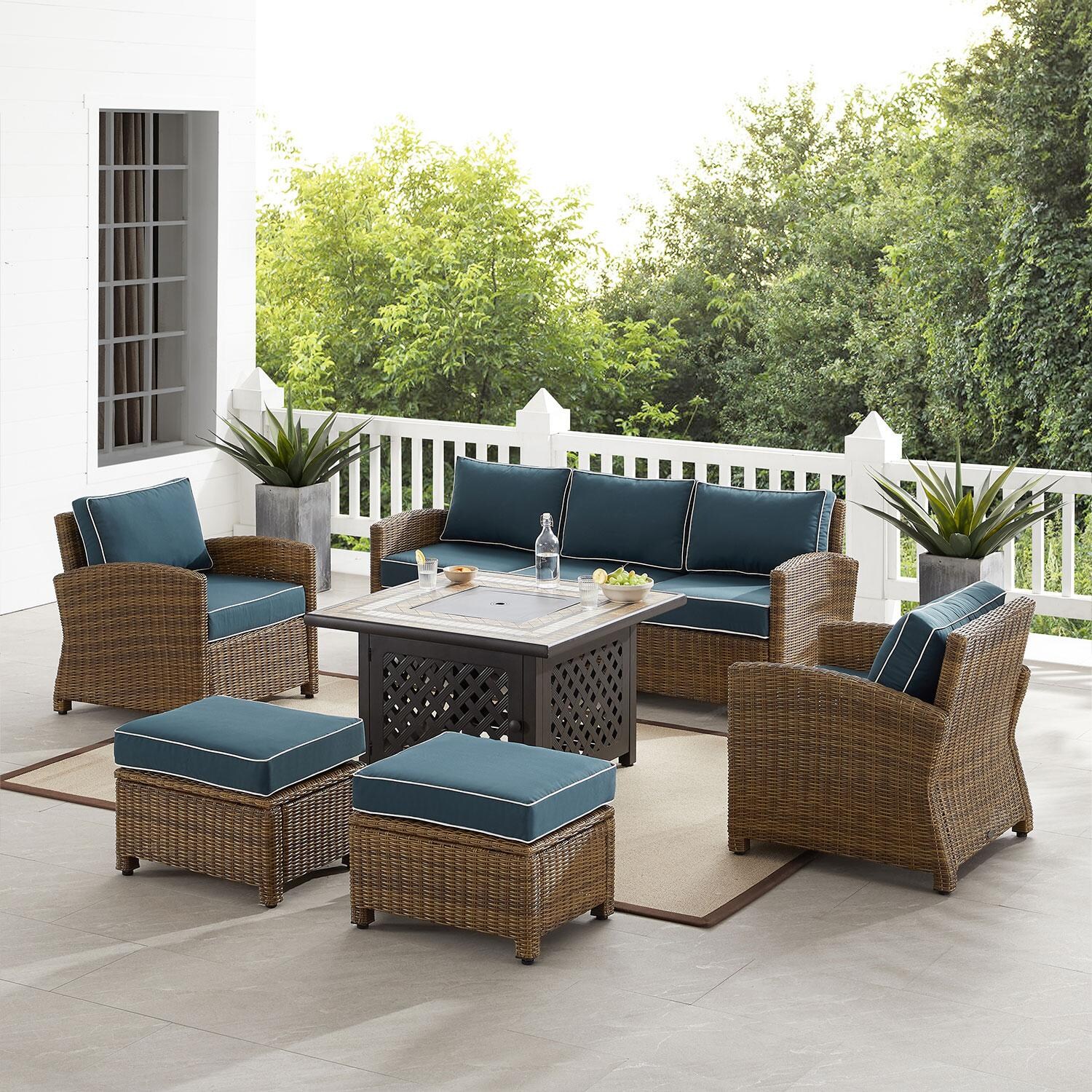 Ultimate Patio UP-92417WB-NV 6Pc Wicker Outdoor Sofa Set in Navy - On Patio W/ Fire Table Off - Lifestyle thumbnail