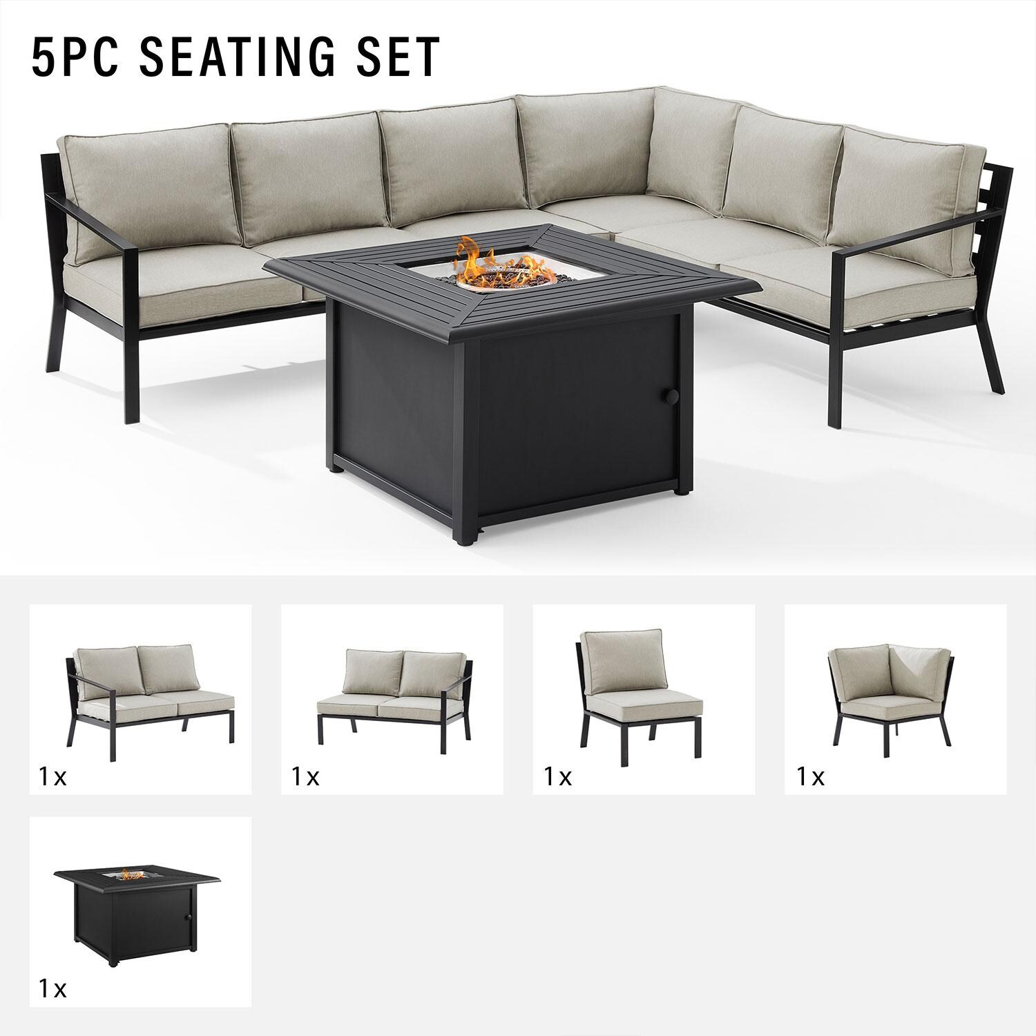 Ultimate Patio UP-92608MB-TE 5Pc Outdoor Sectional Set W/ Fire Table in Taupe - Included in Set (Left Arm Section, Right Arm Section, Middle Section, Club Chair, & Fire Table) - Diagram thumbnail