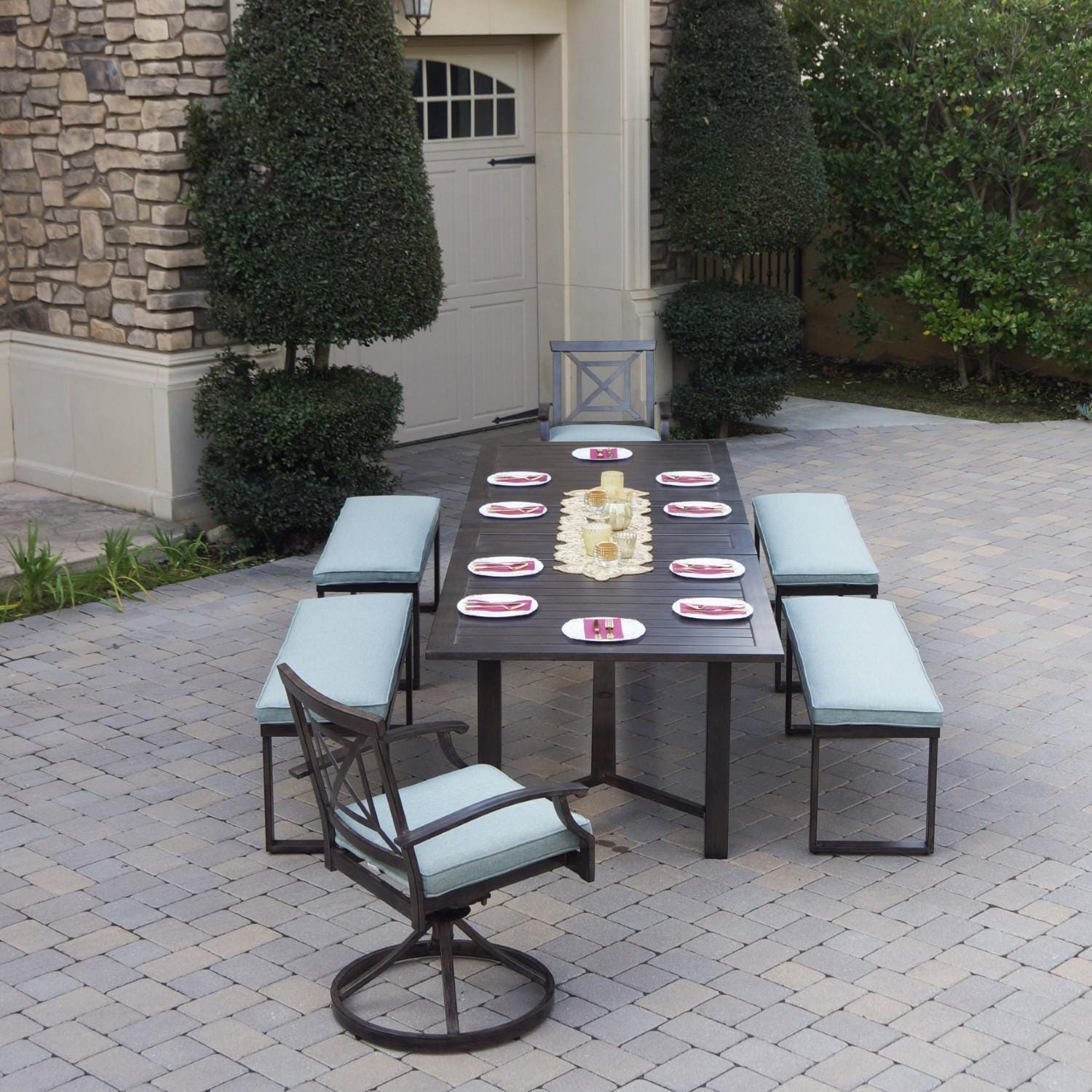 Atlantis 7 Pc Aluminum Dining Set w/ 2 Swivel Rocker Dining Arm Chairs, 4 Two Person Benches & Extension Table in Walnut/Spa by Darlee