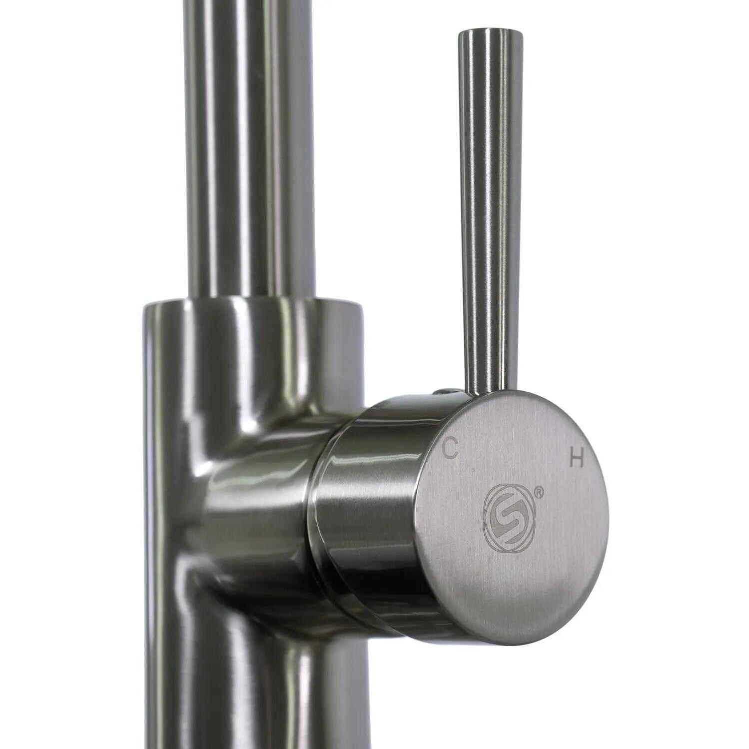 BBQGuys Signature BBQ-AP3322S-RD + BBQ-N88502B5-BN 33 X 22 Outdoor Rated Stainless Steel Farmhouse Sink W/ Pull-Down Coil Spring Hot/Cold Faucet Sink Grid & Strainer - Handle Detail thumbnail