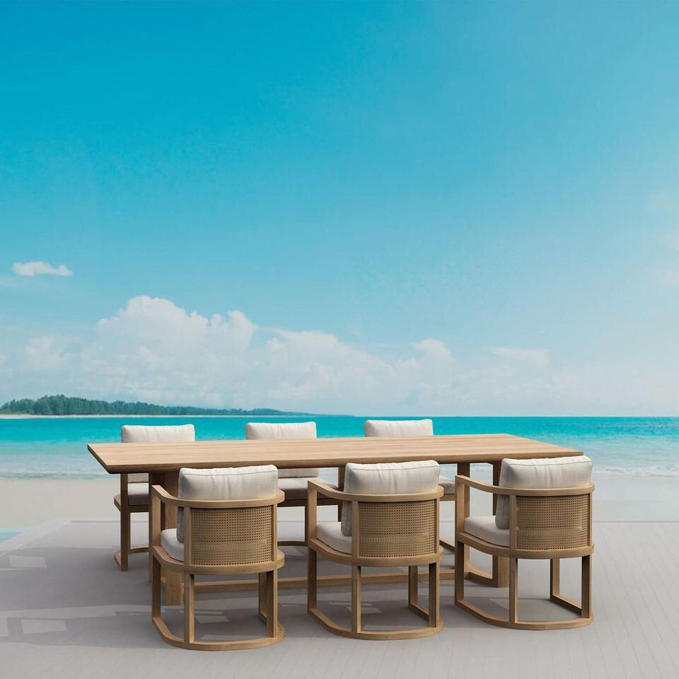 Carondelet 7 Pc Teak Dining Set in Linen Natural by Lakeview Outdoor Designs - Lifestyle thumbnail