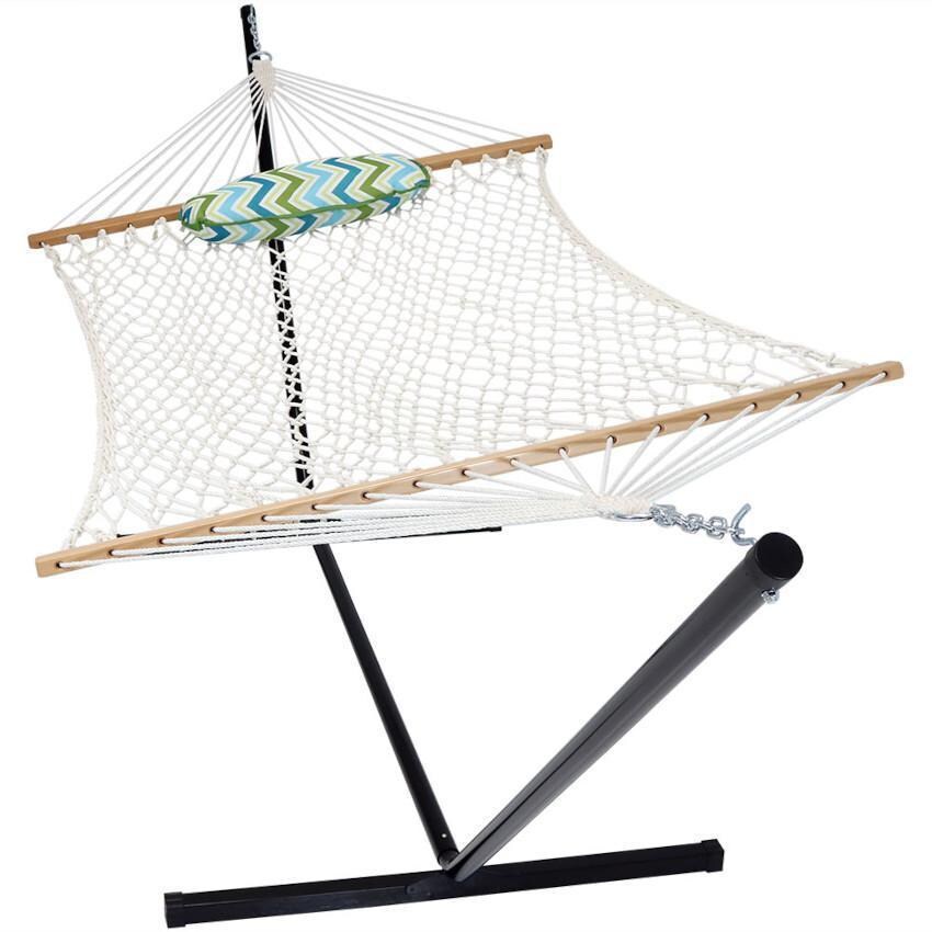 Ultimate Patio Rope Hammock w/ 12-Foot Stand, Pad, & Pillow - Blue & Green Chevron - No Pad - White Background thumbnail