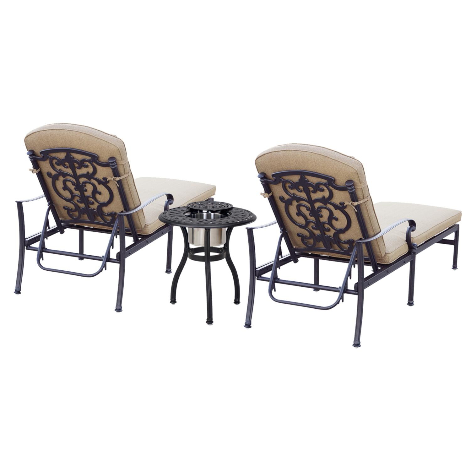 Darlee Santa Barbara 3 Piece Cast Aluminum Patio Chaise Lounge Set W/ Ice Bucket Insert & Sesame Cushions