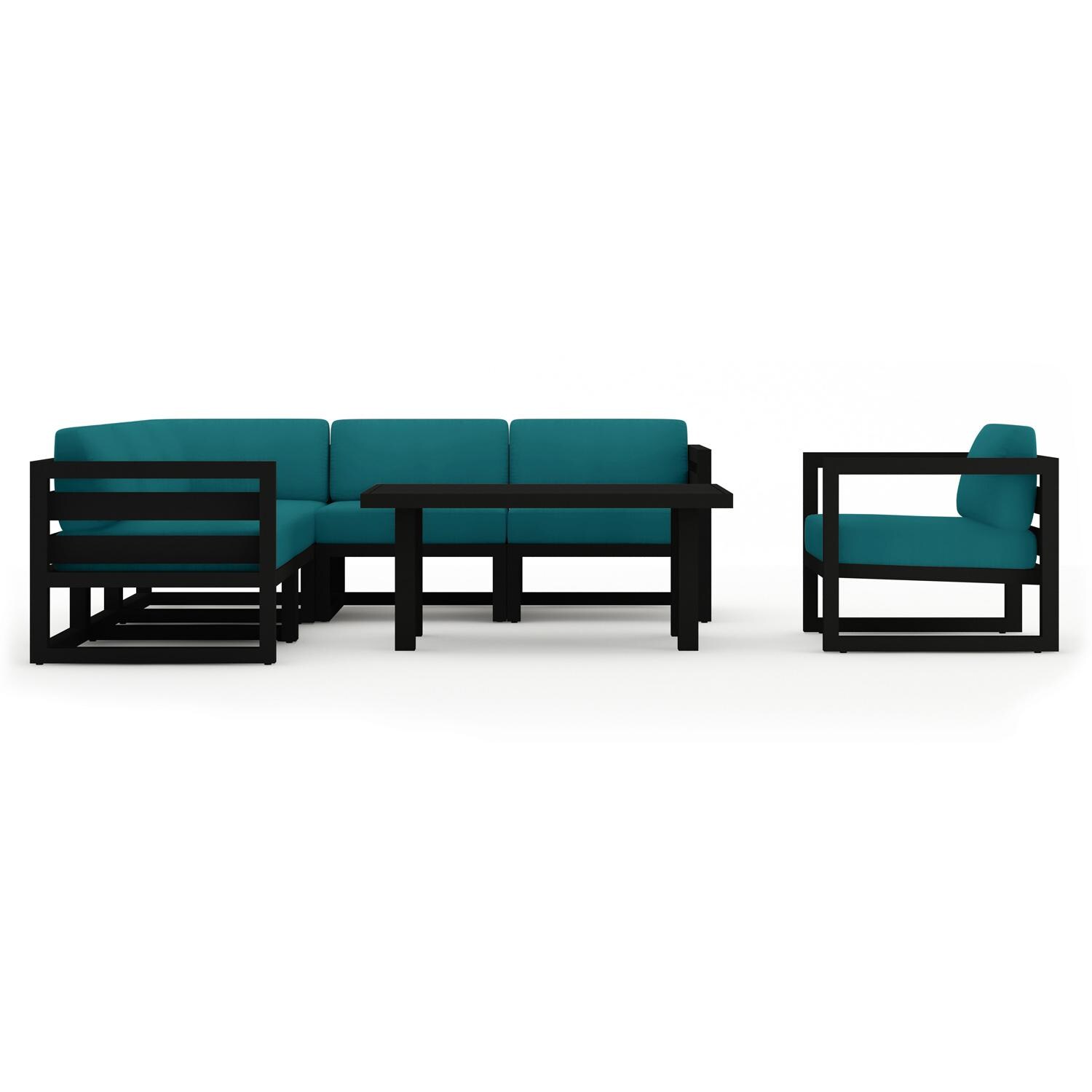 Misty Cove 7 Pc Aluminum Seating Set w/ Sectional & Classic Chat Table in Black/Spectrum Peacock by Lakeview Outdoor Designs