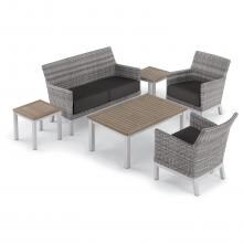 Argento 6 Piece Wicker Patio Conversation Set W/ Tekwood Vintage Tables & Jet Black Cushions By Oxford Garden image