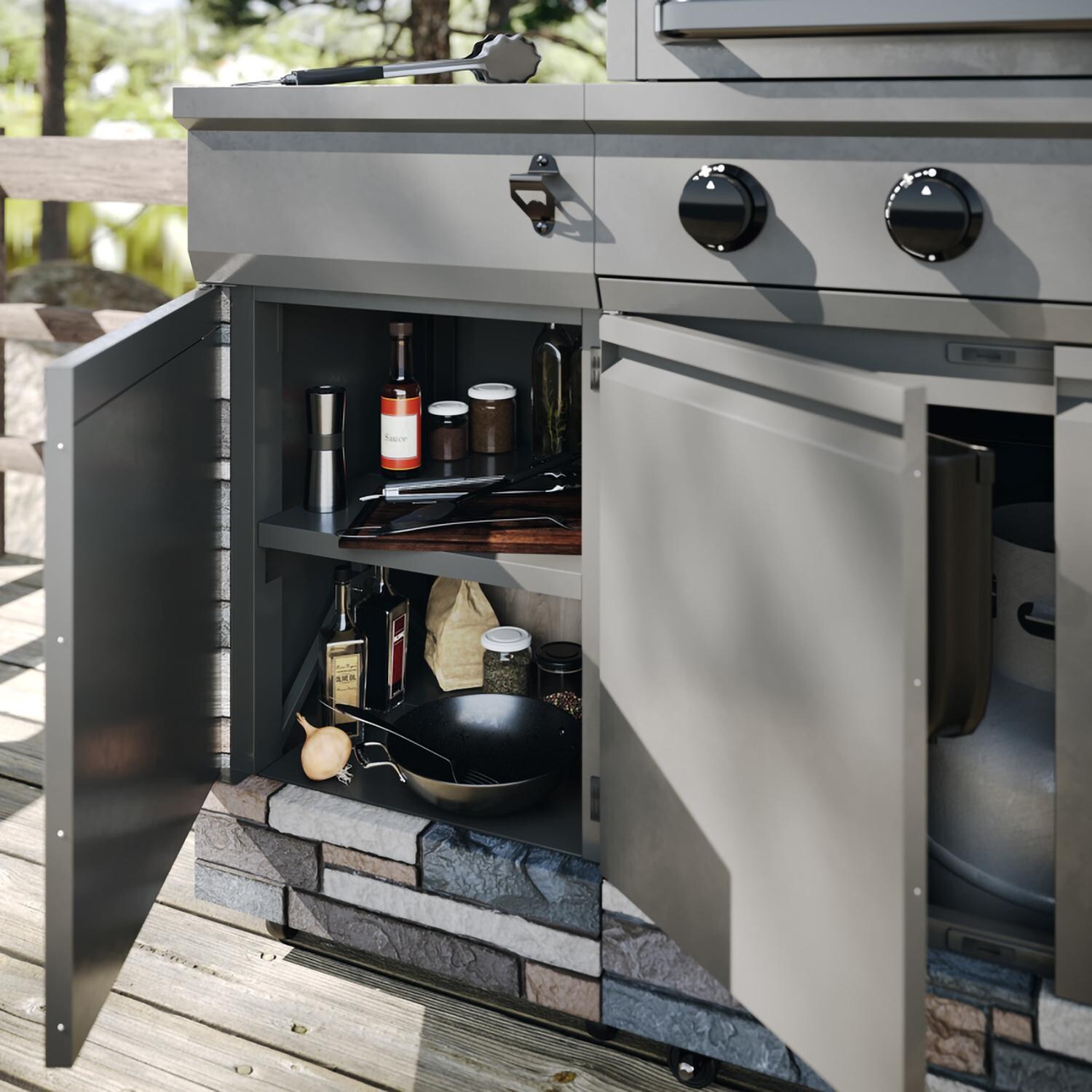 TYTUS Fresno Series 5-Burner Propane Island Grill in Gunmetal + Ash Stone w/ Cover & Griddle - Storage - Detail thumbnail